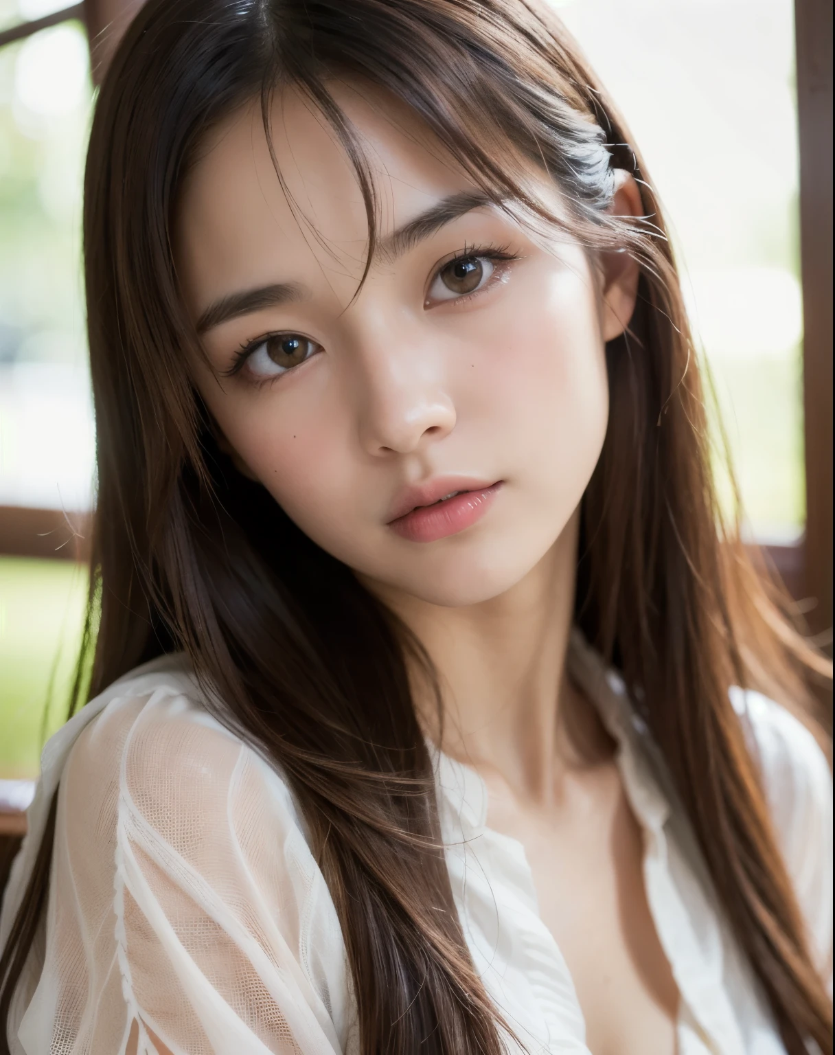 best quality, face focus, soft light, ultra high res, (photorealistic:1.4), RAW photo,
1japanese girl, solo, cute, (pupil, lights in the eyes),  detailed beautiful face, (small chest),(high resolution detail of human skin texture),
(long hair),
indoor,
Damask Shirt Dress,
(portrait)