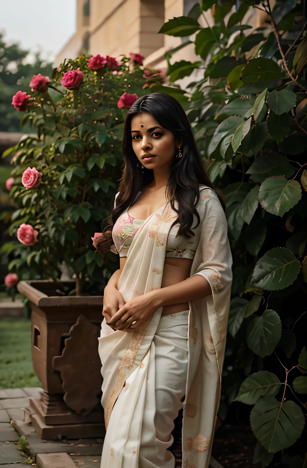 A girl in saree near a large rose plant
