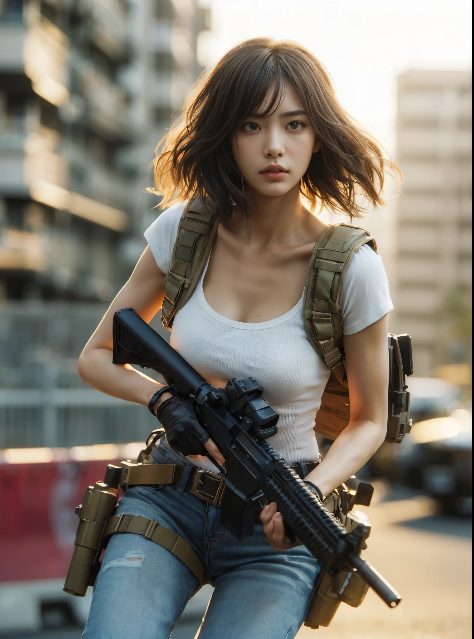 (best quality,8k,realistic photo,realistic skin texture,American female,beautiful Japanese woman,resides in America,wearing dirty white T-shirt and jeans,suspicious, bulletproof vest,rifle,short hair,urban warfare,caught in an incident,starts counterattack,dirty,motion-filled action pose,dramatic and bold composition,half-body,muscular,Zoom out)、Abrasions on the face