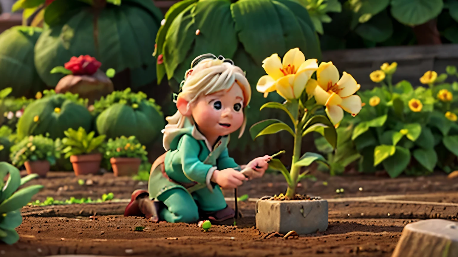 As Lily and the old woman work together in the garden, the seed finally begins to sprout. Describe the moment when they first notice the tiny green shoot emerging from the soil.