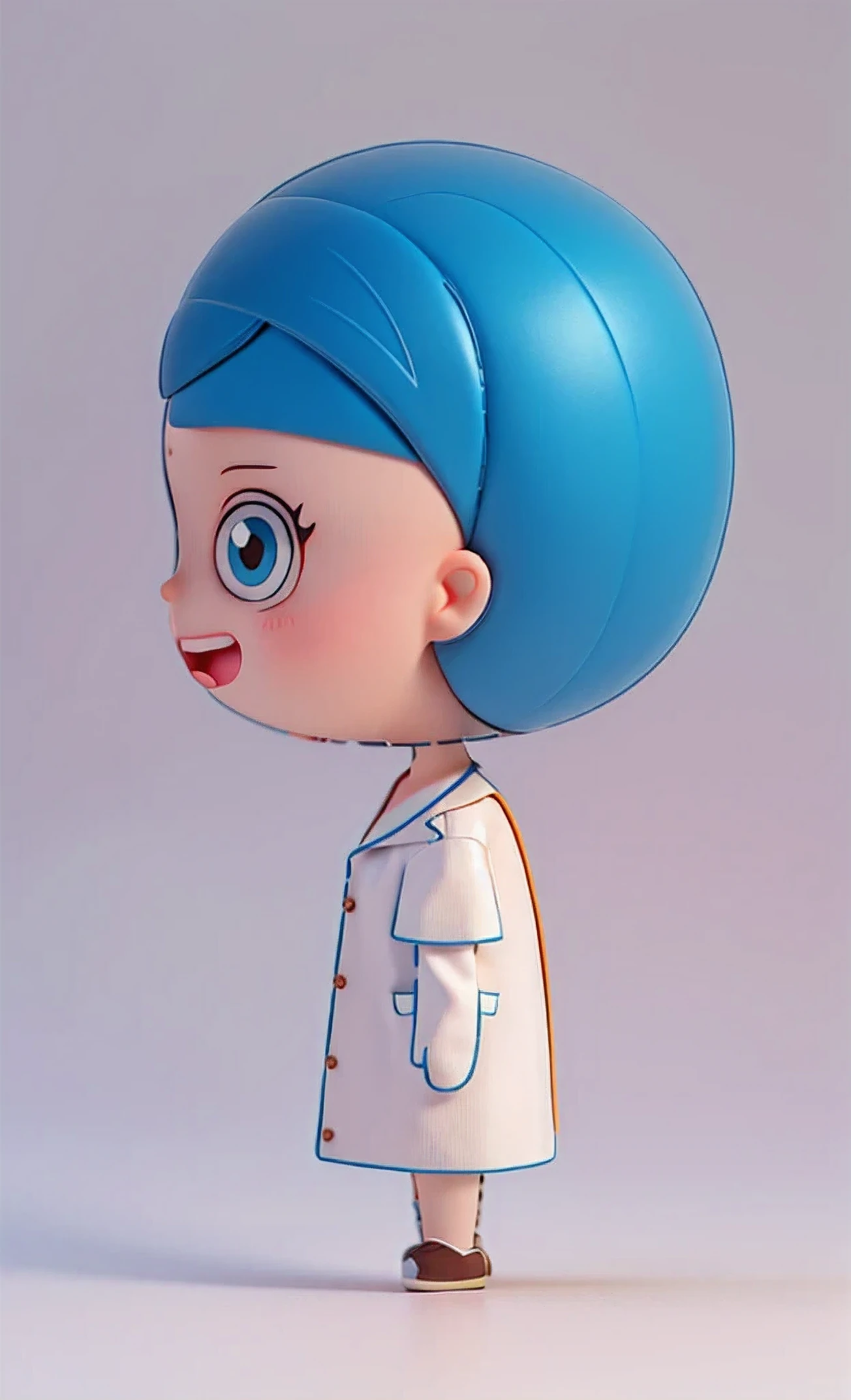 Cartoon character of a woman with blue hair and white shirt, animated characters, role conception for animation, Cartoon style illustration, character turnaround, role conception, The character is standing, simple cartoon style, woman with blue short hair, full body role conception, model table, nurse girl, high quality role conception, character model table, Wearing a lab coat and shirt, 4K resolution,C4D,OC renderer,Ultra-detailed,high quality,white background