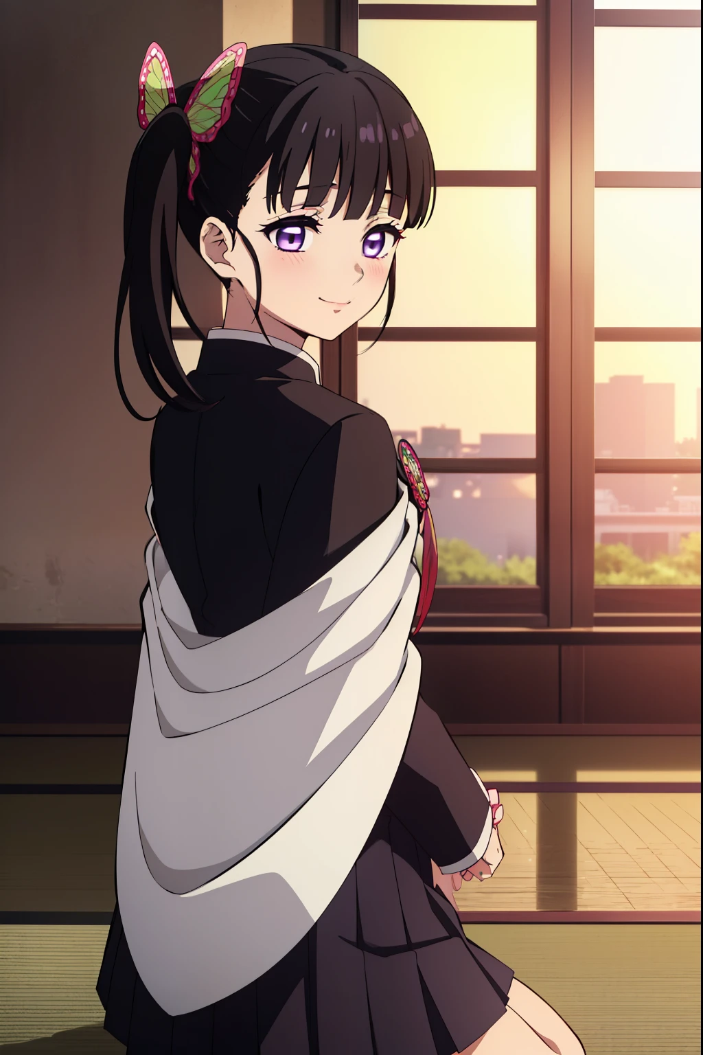 kanaotsuyuri, kanao tsuyuri, black hair, butterfly, butterfly hair ornament, (purple eyes:1.1), side ponytail, ponytail, black skirt, cape, demon slayer uniform, long sleeve, pleated skirt, skirt, white cape, looking at viewer, indoors, (masterpiece:1.2), highest quality, High resolution, unity 8k wallpaper, (figure:0.8), (detailed and beautiful eyes:1.6), highly detailed face,  Very detailed CG, (perfect hands, perfect anatomy), From the back、look back、sunset、reflection effect、smile、Reddish cheeks、blush、Japanese-style mansion garden