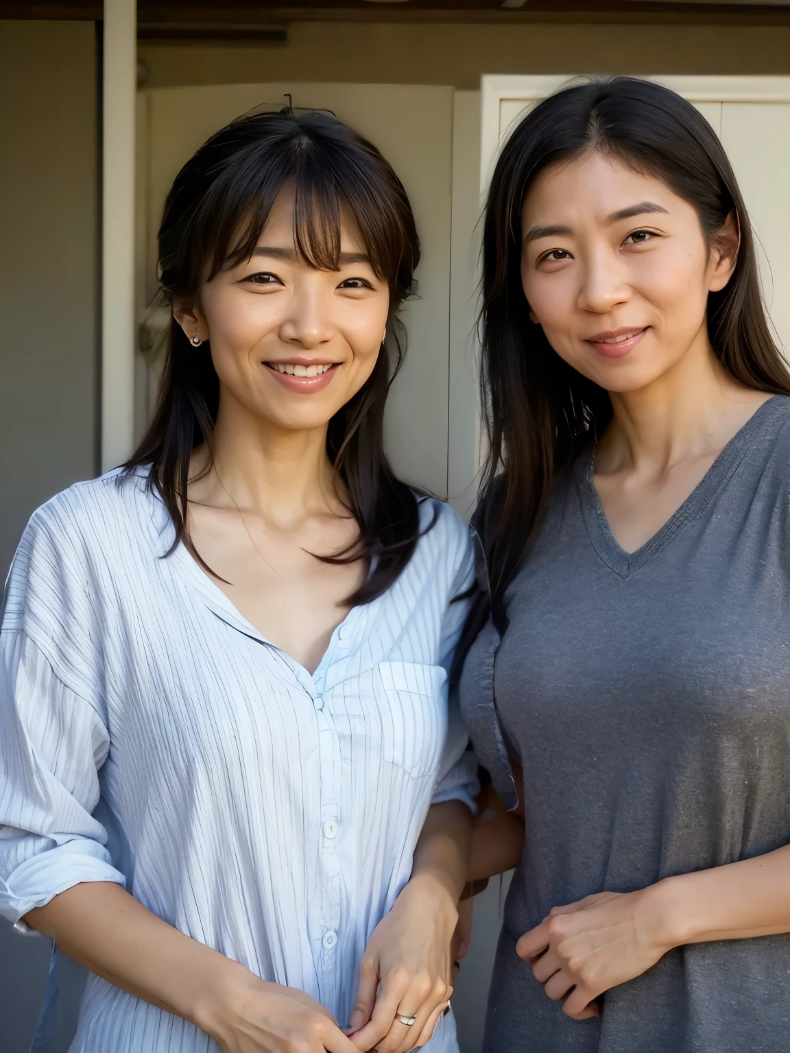 Two women standing next to each other in front of a door - SeaArt AI