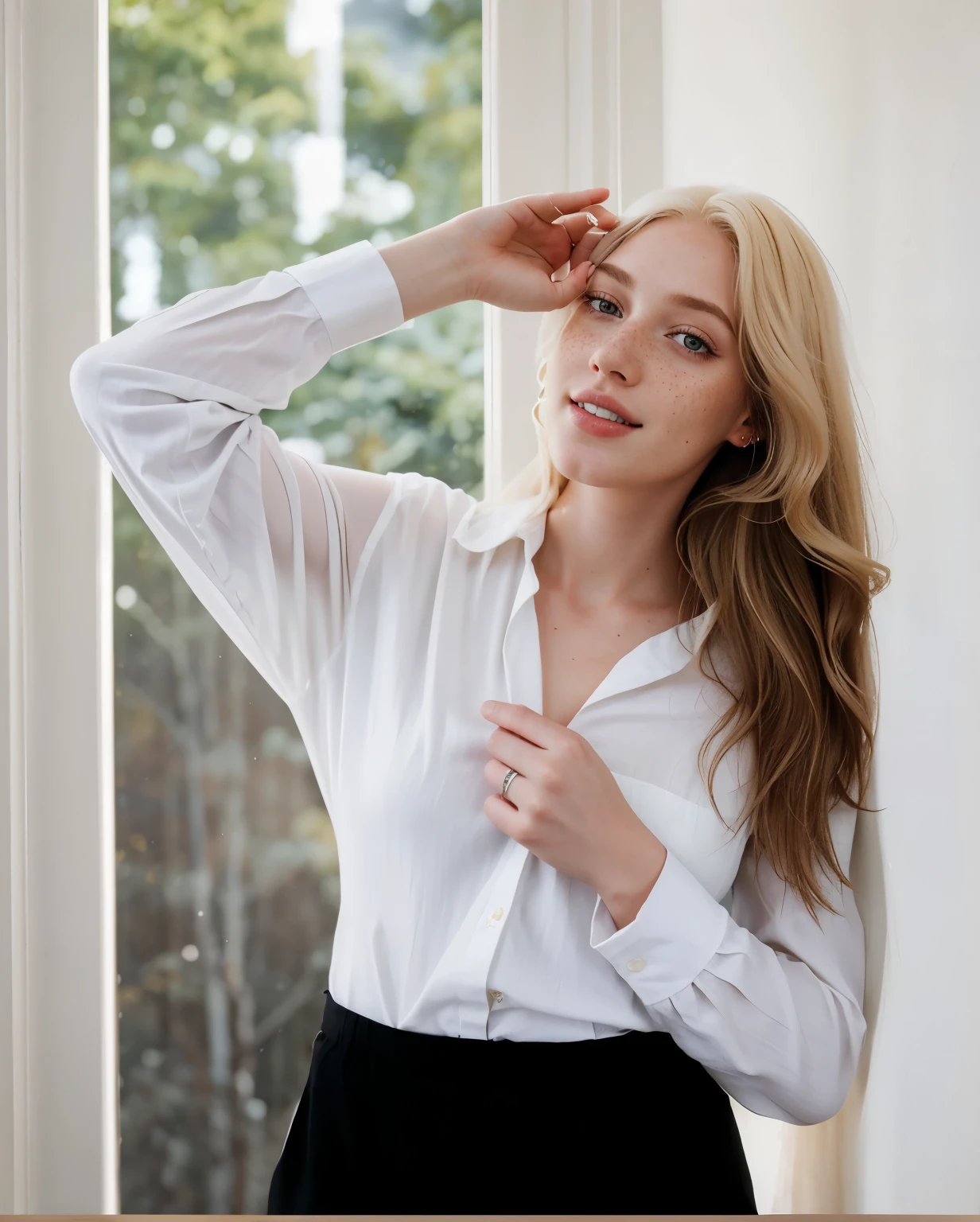 European woman, closeup, (shirt), pants, (skyscraper window), (), ZM_isa, wide shoulders, perfect face, (contact iris: 1.1), pale skin, skin pores , depth of field
