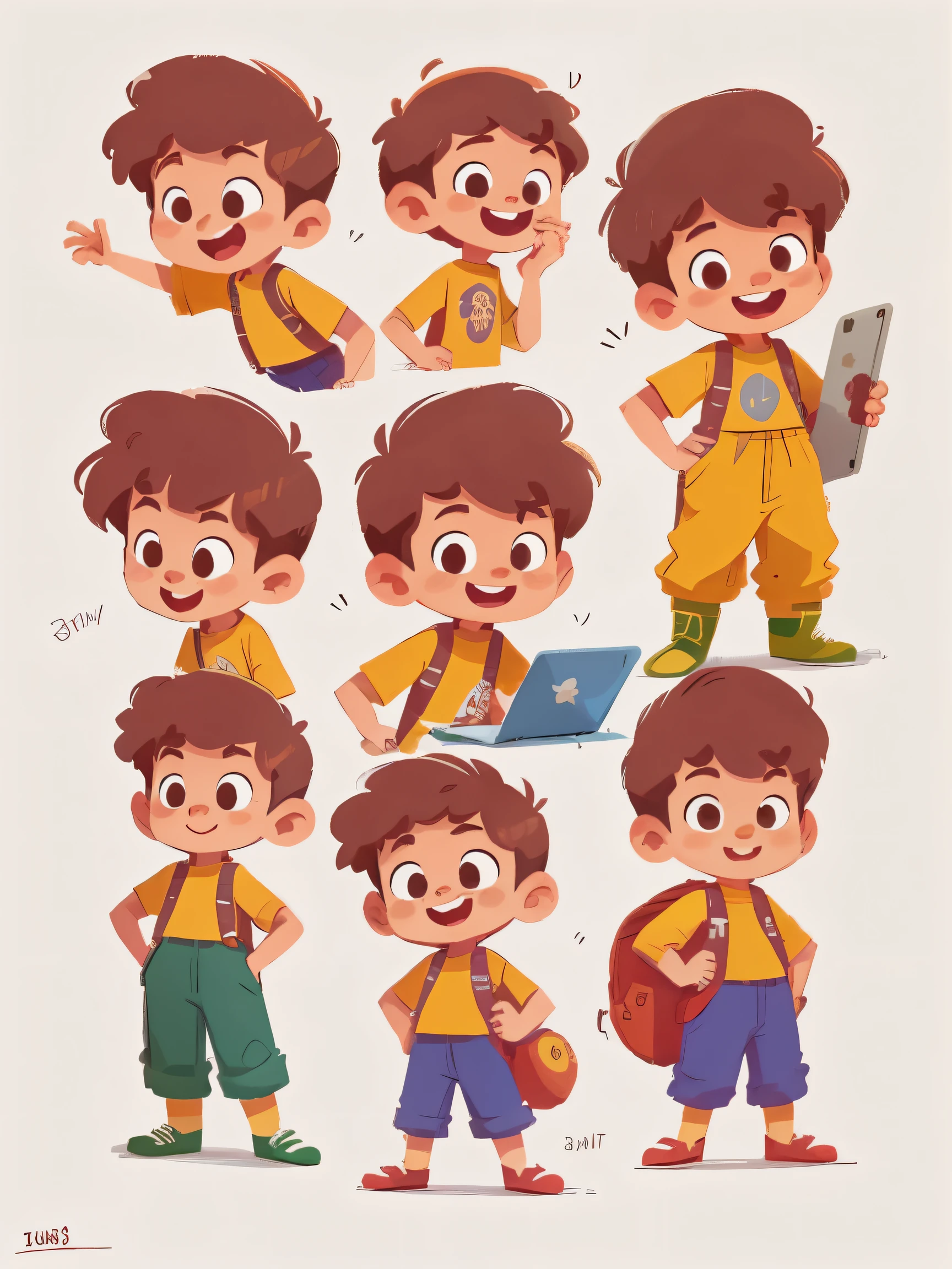 pixel character of a boy de 3 anos with different poses and poses, hand on macbook pro, pixel concept art, different emoji said, very stylized character design, stylized character design, highly detailed character design, childrens art in artstation, character design, disney character style, happy, smile, concept art of single boy, animated character design, high quality character design, character exploration, great character design, in style of disney animation, character illustration