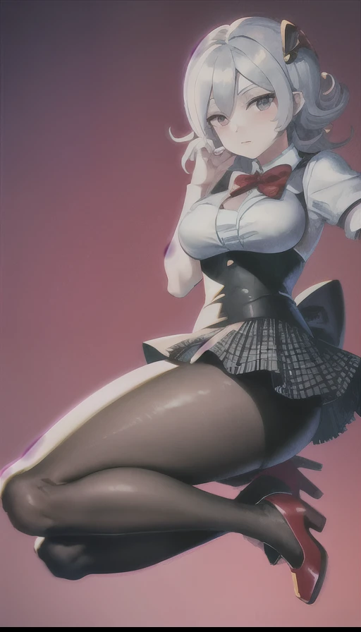 Anime girl sitting on a chair with a knife and a bow tie, surreal , chiaki nanami from danganronpa, High resolution!!, thighs!!!, by Kose Kanaoka, by Kamisaka Sekka, misato katsuragi, by Shinoda Toko, thighs!!!!!!, 2b, 2b