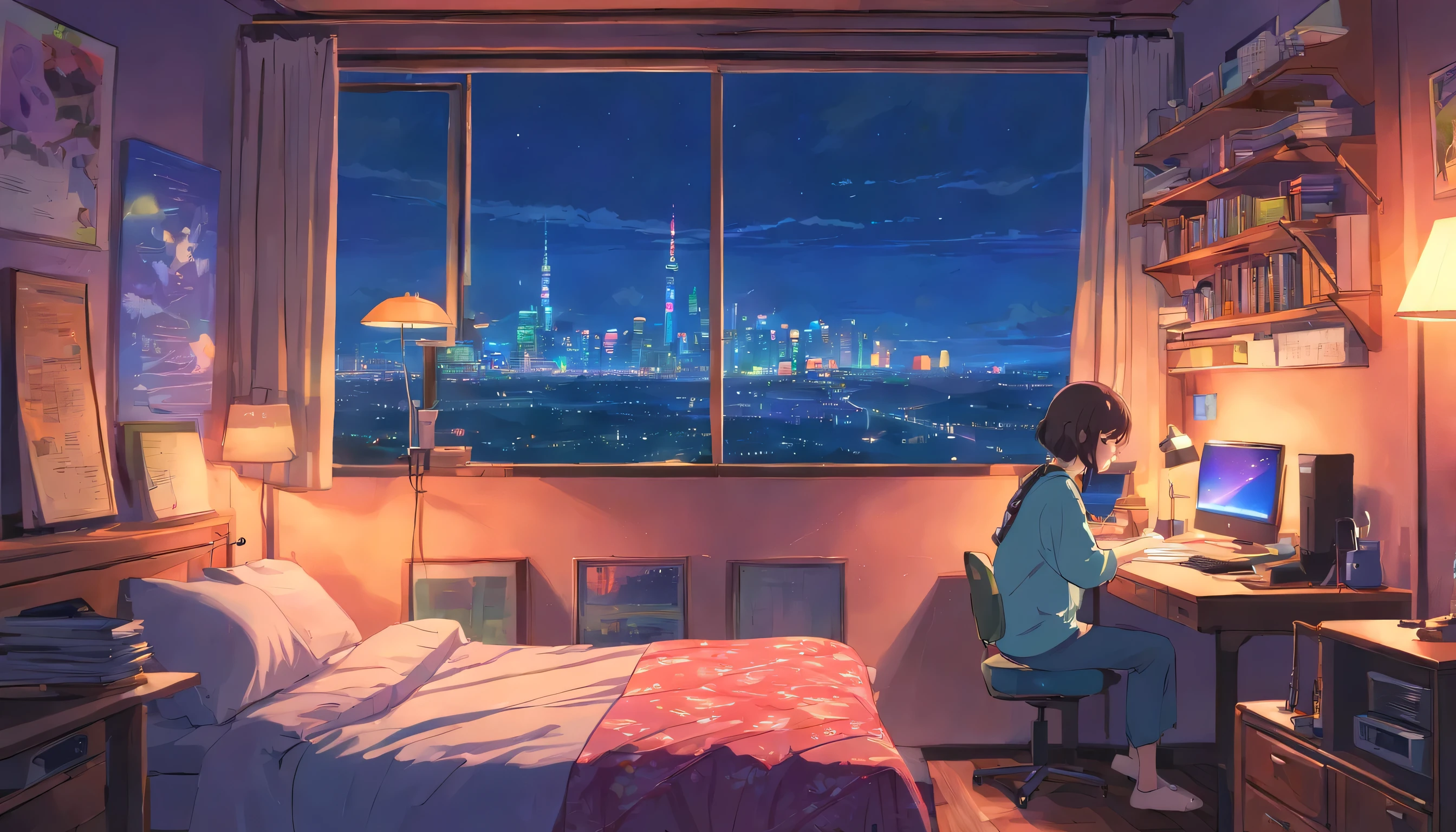 European hippie girl studying in her room, dream, please wear headphones, night light, Neon landscape on a rainy day, analog color theme, lo-fi hip hop , retrospective, flat, 2.5D ,Draw a line, ink painting, Osaka road, watercolor painting, gouache color, studio ghibli style, very colorful, outerton, Krautlock, Lofiato,old texture, amplitude,Psychedelic atmosphere, masterpiece, Technology of Wonders,on the bed,Darken the room,A beautiful cityscape at dusk outside the window