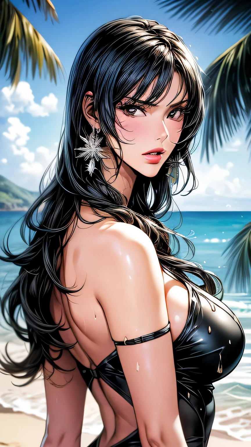 1 girl (master piece:1.2) (detailed:1.2) (highest quality:1.1) (shiny hair) (shiny skin), Nico Robin V2, movie lighting, (wet skin, wet hair, big:1.2), big, (beach, Palm tree), beach, clear water,(blue sky, Cumulonimbus cloud),(Smooth),(hibiscus),laughter, black eye, one piece, Nico Robin, Huge_chest, ~ side、masterpiece、highest quality、Super fine、High resolution、very detailed写真、(natural skin texture、fine skin、hyper realism、Super sharpness)、high detail skin、(very detailed、fine skinの質感、intricate details、one piece水着、