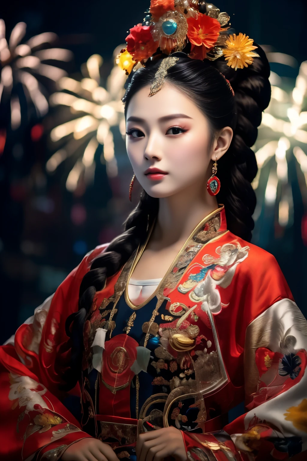 masterpiece,(best quality:1.3),ultra high resolution,original photo,Delicate skin,beautiful lights,(actual, photo-actual:1.4),
1 girl,national style,whole body,(Fireworks background:1.2),Professional stage lighting,