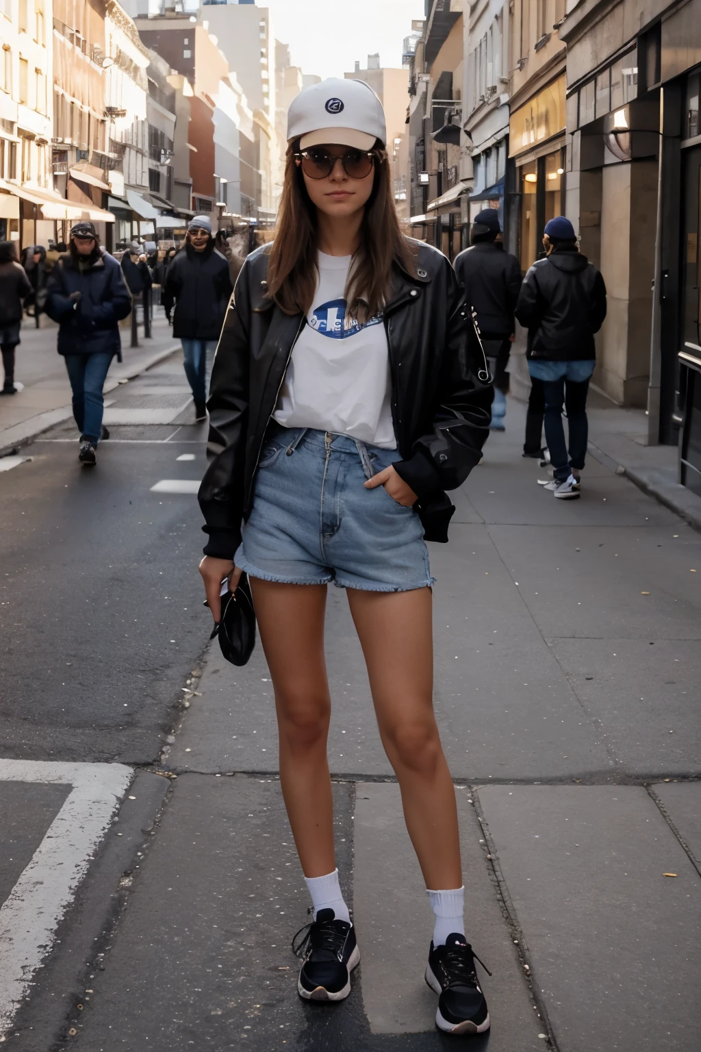Femme, portant une casquette de, baseball et des lunettes de soleil tenant un ours en peluche, porter des lunettes de soleil et une casquette, Porter des lunettes de soleil et un chapeau, avec des lunettes de soleil rayban wayfarer, sur le trottoir, dans la ville, avec un chapeau, wear a fisherman , New York, dans la rue, dans la rue, sur le trottoir, a New York, femme de 30 ans