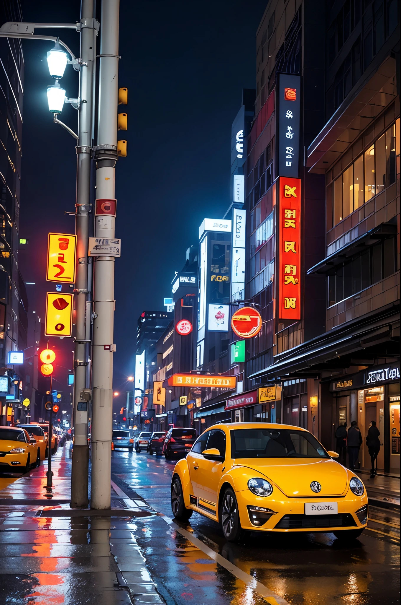 A stunning and realistic CGI rendering of a Volkswagen Beetle cruising along a bustling nighttime city street. The car's vibrant orange hue stands out against the dark surroundings, with its headlights illuminating the scene and casting a warm glow on the wet pavement. In the corner of the image, a traffic light changes colors, and a fire hydrant sits by the curb. The 16:9 aspect ratio captures the dynamic cityscape, with towering buildings and neon lights reflecting on the wet streets. The attention to detail and atmospheric elements create a sense of depth and dimension, immersing the viewer in the urban night scene.