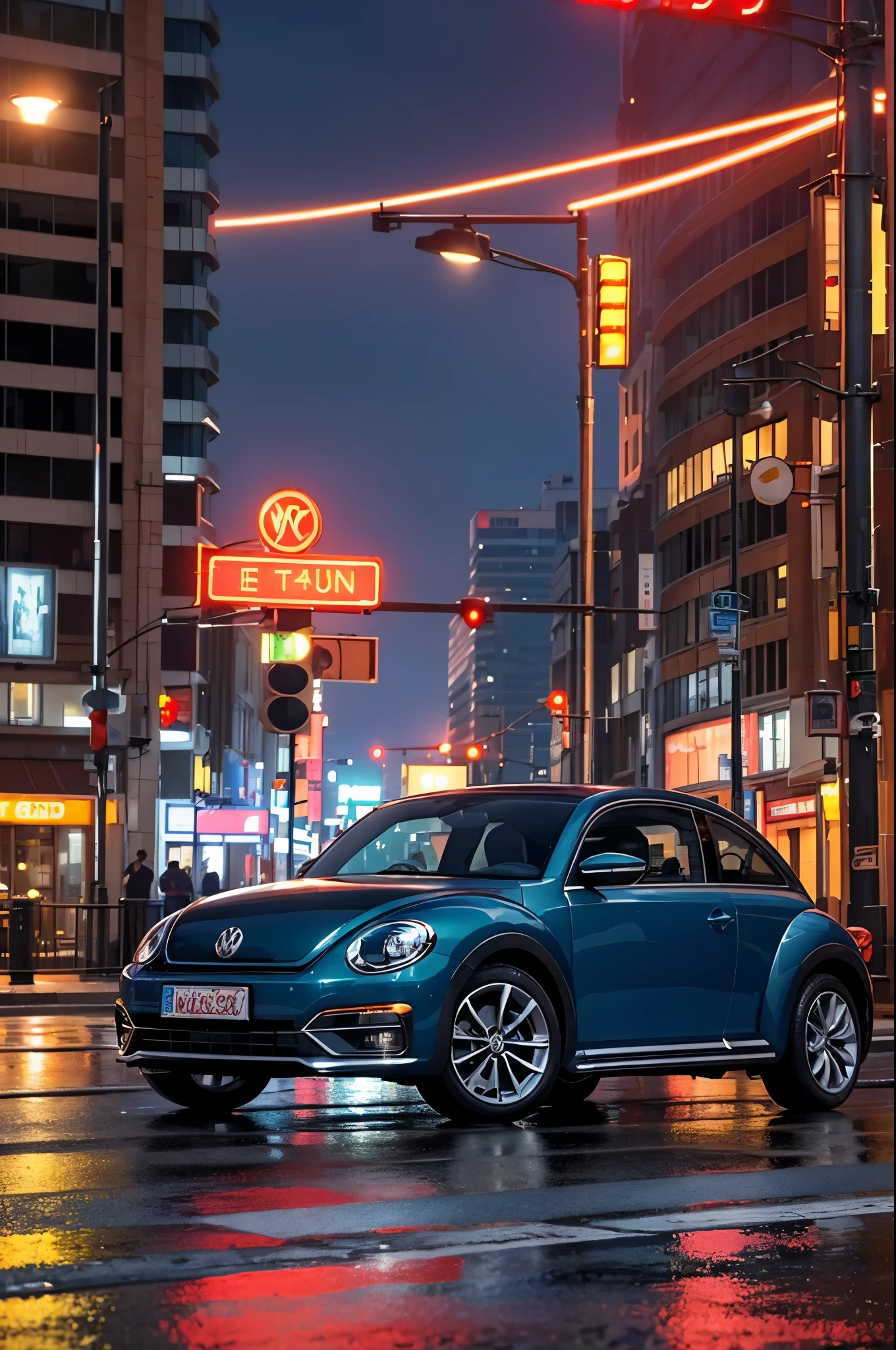A stunning and realistic CGI rendering of a Volkswagen Beetle cruising along a bustling nighttime city street. The car's vibrant orange hue stands out against the dark surroundings, with its headlights illuminating the scene and casting a warm glow on the wet pavement. In the corner of the image, a traffic light changes colors, and a fire hydrant sits by the curb. The 16:9 aspect ratio captures the dynamic cityscape, with towering buildings and neon lights reflecting on the wet streets. The attention to detail and atmospheric elements create a sense of depth and dimension, immersing the viewer in the urban night scene.