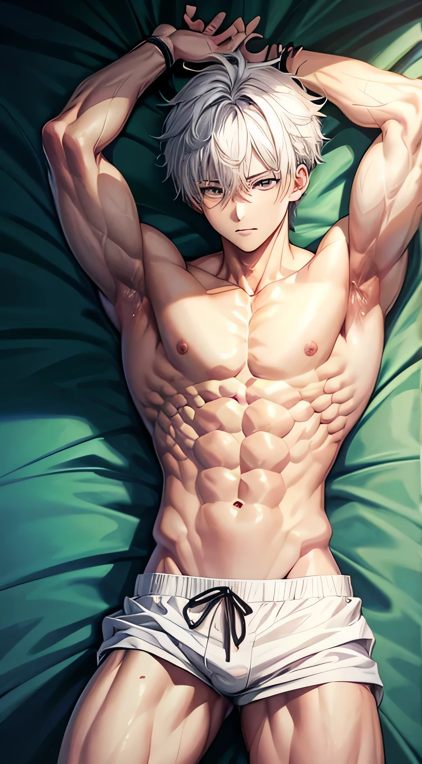 Shirtless anime guy muscular with white hair
Bts style
6 pack abs
Lying on the bed