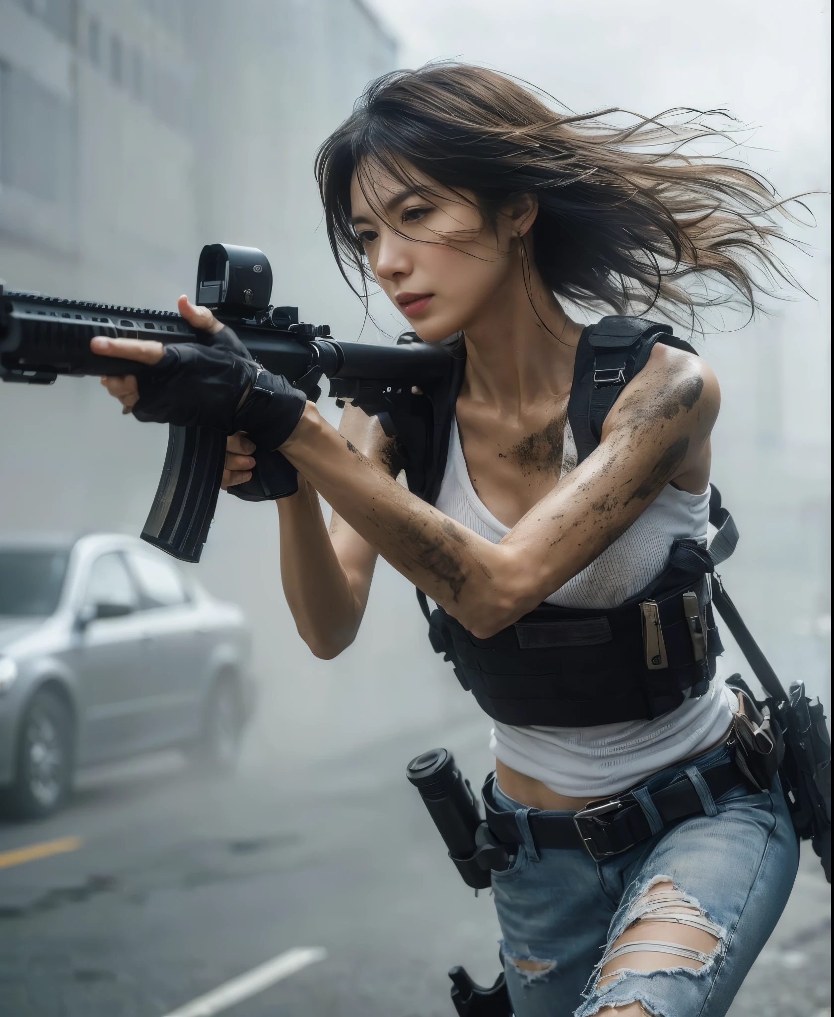 (best quality,8k,realistic photo,realistic skin texture,American female,beautiful Japanese woman,resides in America,wearing dirty white T-shirt and jeans,suspicious, bulletproof vest,rifle,short hair,urban warfare,caught in an incident,starts counterattack,dirty,motion-filled action pose,dramatic and bold composition,half-body,muscular,Zoom out)、Abrasions on the face