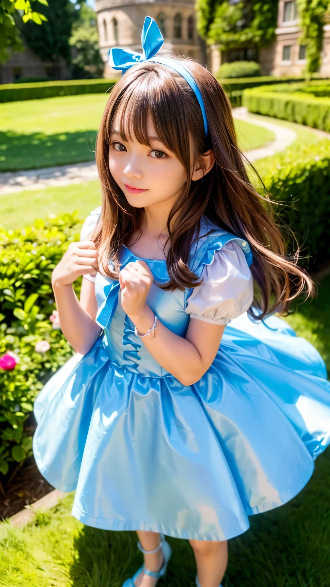 15 years old、one person、whole body、((The world of Alice in Wonderland、Stroll around the castle))、(Alice's Costume)、(shiny costume:1.3)、(cute shoes:1.5)、(cute hair band with ribbon:1.5)、(So cute)、detailed face、(medium breasts:1.3)、(perfect style)、(clear white skin:1.2)、long straight hair、(brown hair)、(The wind blows my silky hair:1.5)、(nffsw++:1.10), (ultra high resolution)、(highest quality)、(Improvement of quality)、(super detailed:1.2)、(accurate color)、(looking at the camera)、(Radiant:1.5)、(beautiful lighting of nature)、