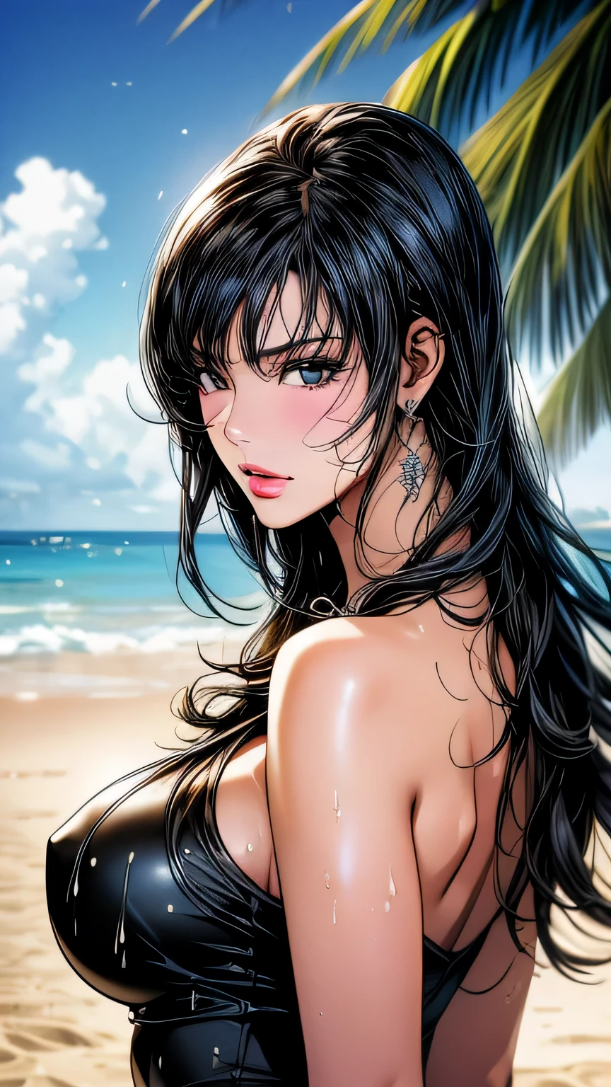 1 girl (master piece:1.2) (detailed:1.2) (highest quality:1.1) (shiny hair) (shiny skin), Nico Robin V2, movie lighting, (wet skin, wet hair, big:1.2), big, (beach, Palm tree), beach, clear water,(blue sky, Cumulonimbus cloud),(Smooth),(hibiscus),laughter, black eye, one piece, Nico Robin, Huge_chest, ~ side、masterpiece、highest quality、Super fine、High resolution、very detailed写真、(natural skin texture、fine skin、hyper realism、Super sharpness)、high detail skin、(very detailed、fine skinの質感、intricate details、one piece水着、((close up of face))､sexy