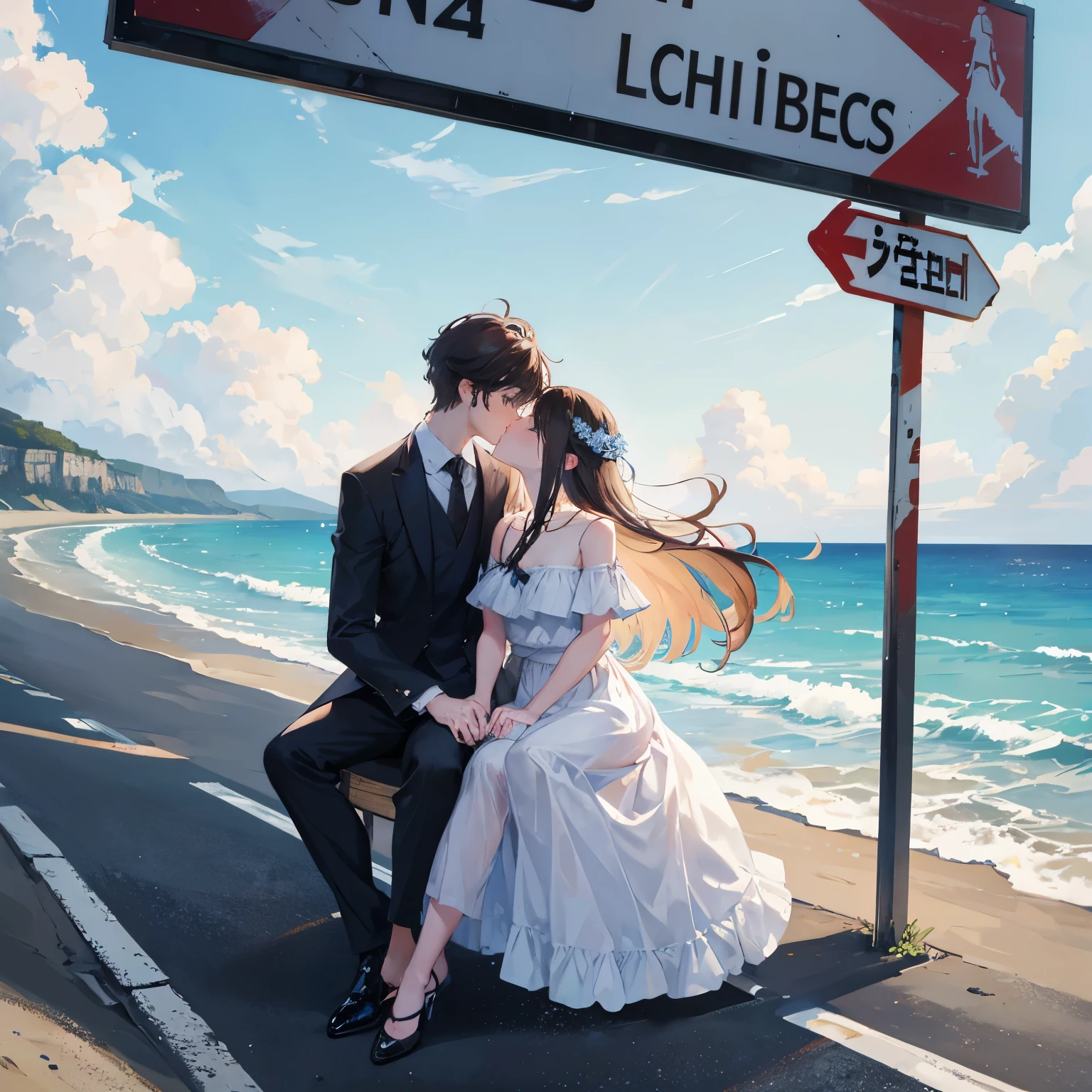 Couple kissing in the lower right corner before reaching the shore on a road with a sign behind them that says Saint Luke