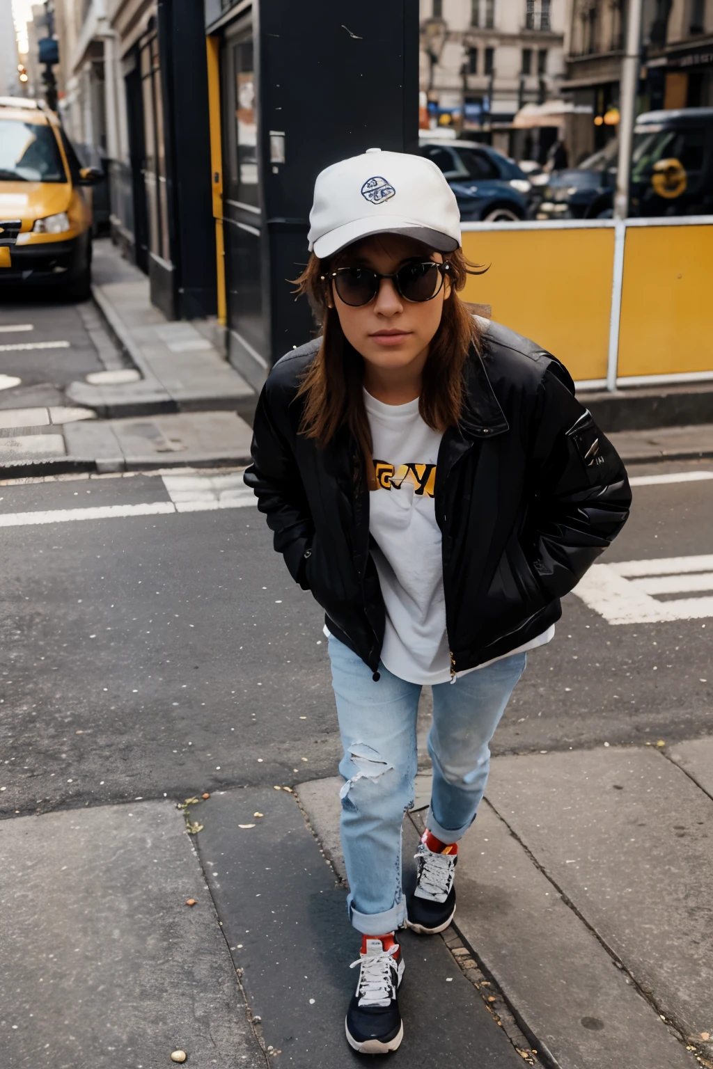 Femme, portant une casquette de, baseball et des lunettes de soleil tenant un ours en peluche, porter des lunettes de soleil et une casquette, Porter des lunettes de soleil et un chapeau, avec des lunettes de soleil rayban wayfarer, sur le trottoir, dans la ville, avec un chapeau, wear a fisherman , New York, dans la rue, dans la rue, sur le trottoir, a New York, femme de 30 ans