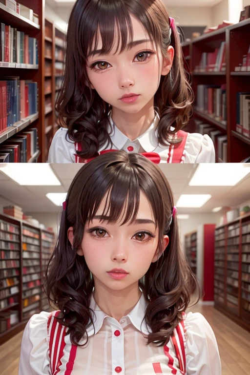 デヴィッド・ホックニーとアルフォンス・ミュシャによるsurrealismの女性肖像画、perfect lighting、bright lighting、Big eyes、serious eyes、add highlights to the eyes、looking at camera、9 heads and bodies、Study in the library, short and fine hair, High school student wearing Shenzhen , smile, looking at the viewer, 35mm, 135mm lens、film grain, cinematic lighting, surrealism, Super detailed, advanced details, highest quality, High resolution
