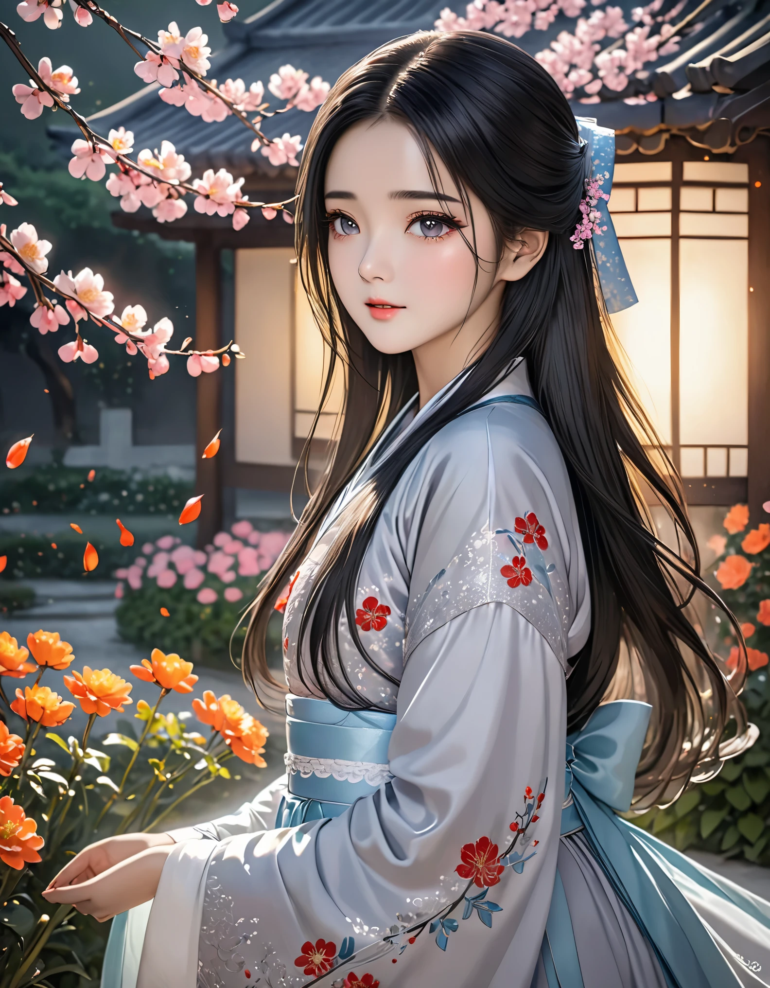 (little girl: 1.5), lace, ribbon, hanfu, (masterpiece, Side light, Beautifully and fair gray eyes: 1.2), masterpiece, actual, glowing eyes, shiny hair, black hair, long hair, shiny skin, alone, Awkward, Strapless, Beautifully, fair, garden, flowers, fluttering petals,