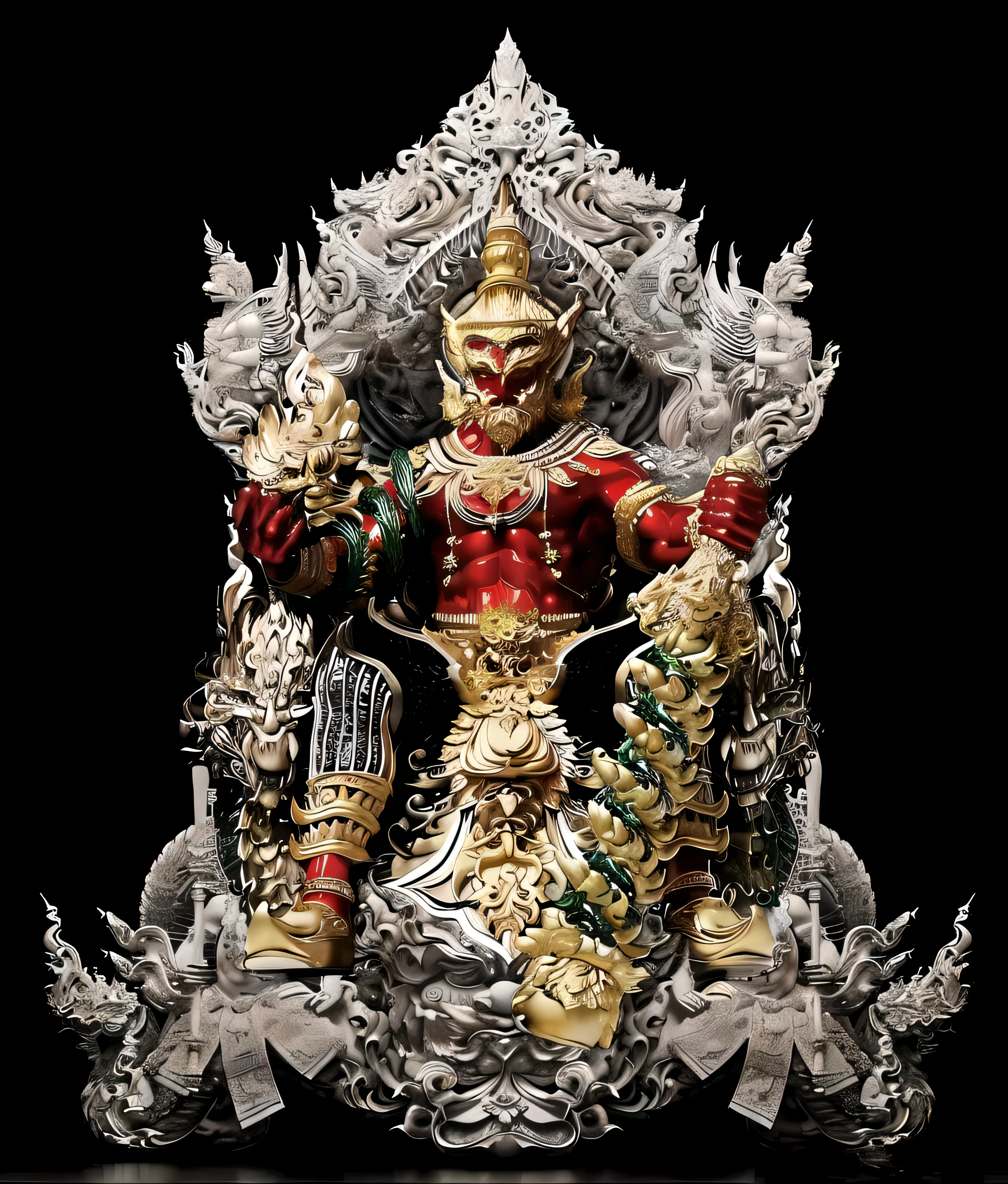 (((Best quality))), ((Very detailed)), (Very detailed photograph), ((Very delicate and beautiful)),(Hard and fierce face), ((Masterpiece) ), perfect anatomical structure, complex, ( highly detailed), masterpiece, realistic, (tall cool man with red body), (golden and black armor:1.3), (( Fortress)) ,(upper body),(holding a glowing baton),alone,(wearing a crown and white hair with mustache and fangs) looking at the viewer, strong and strong figure, with a large body, a legendary giant. dynamic gesture