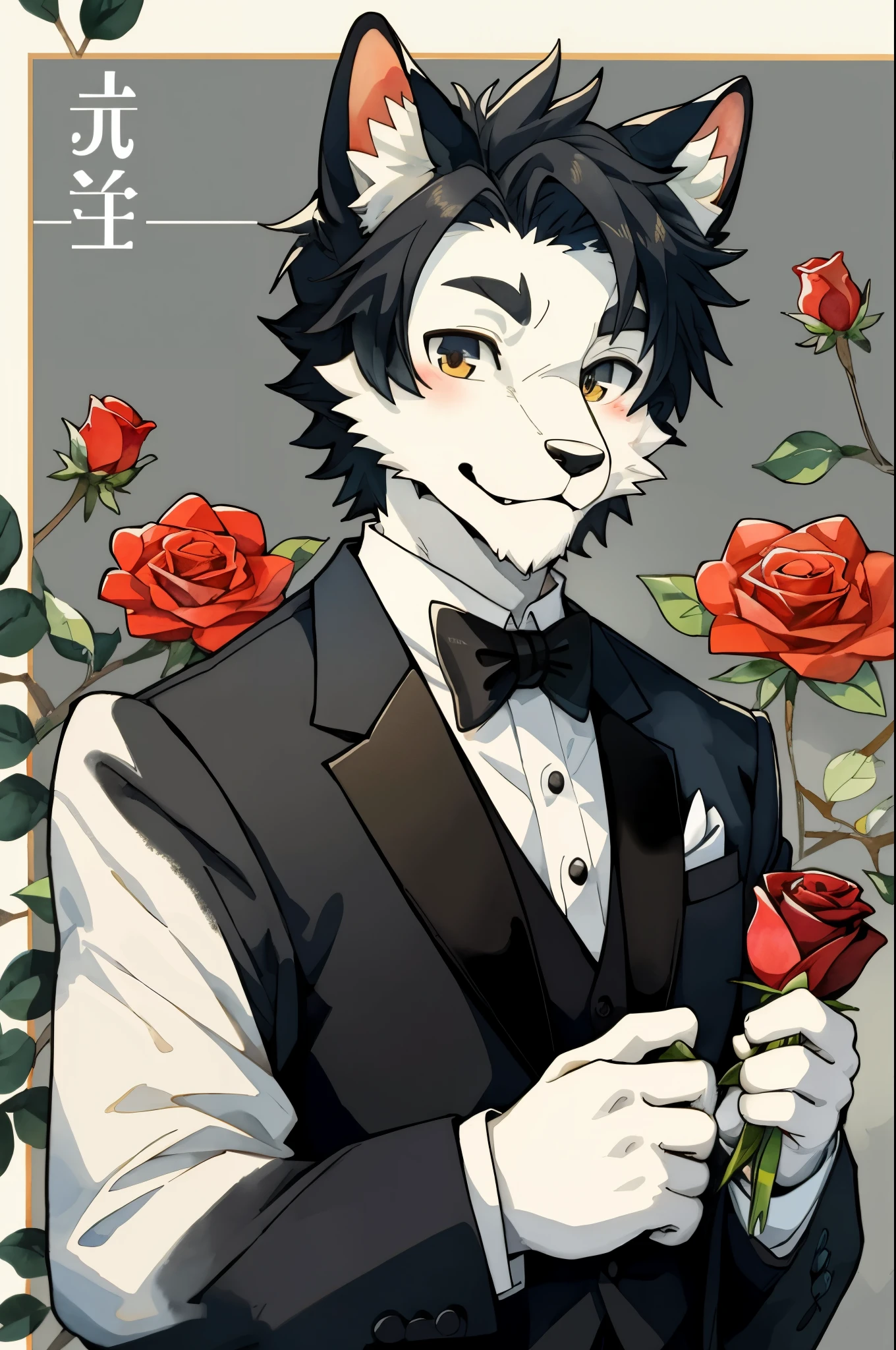 cover page, marriage information magazine, Watercolor elements, 1boy, kemono, furry, detailed body fur, animal face, animal hand, Handsome boy in tuxedo holding a red rose and looking at viewer,