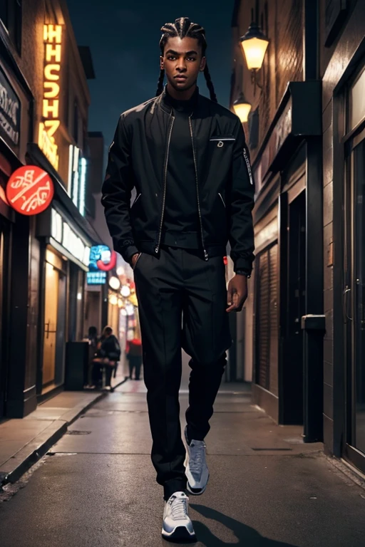 A 19 year old black boy with cornrows hairstyle, wearing black jacket, black trouser and white shoe, with athletic body, he is tall, brown eyes, walking on with his head down the street with lights, people and stores       in the background 