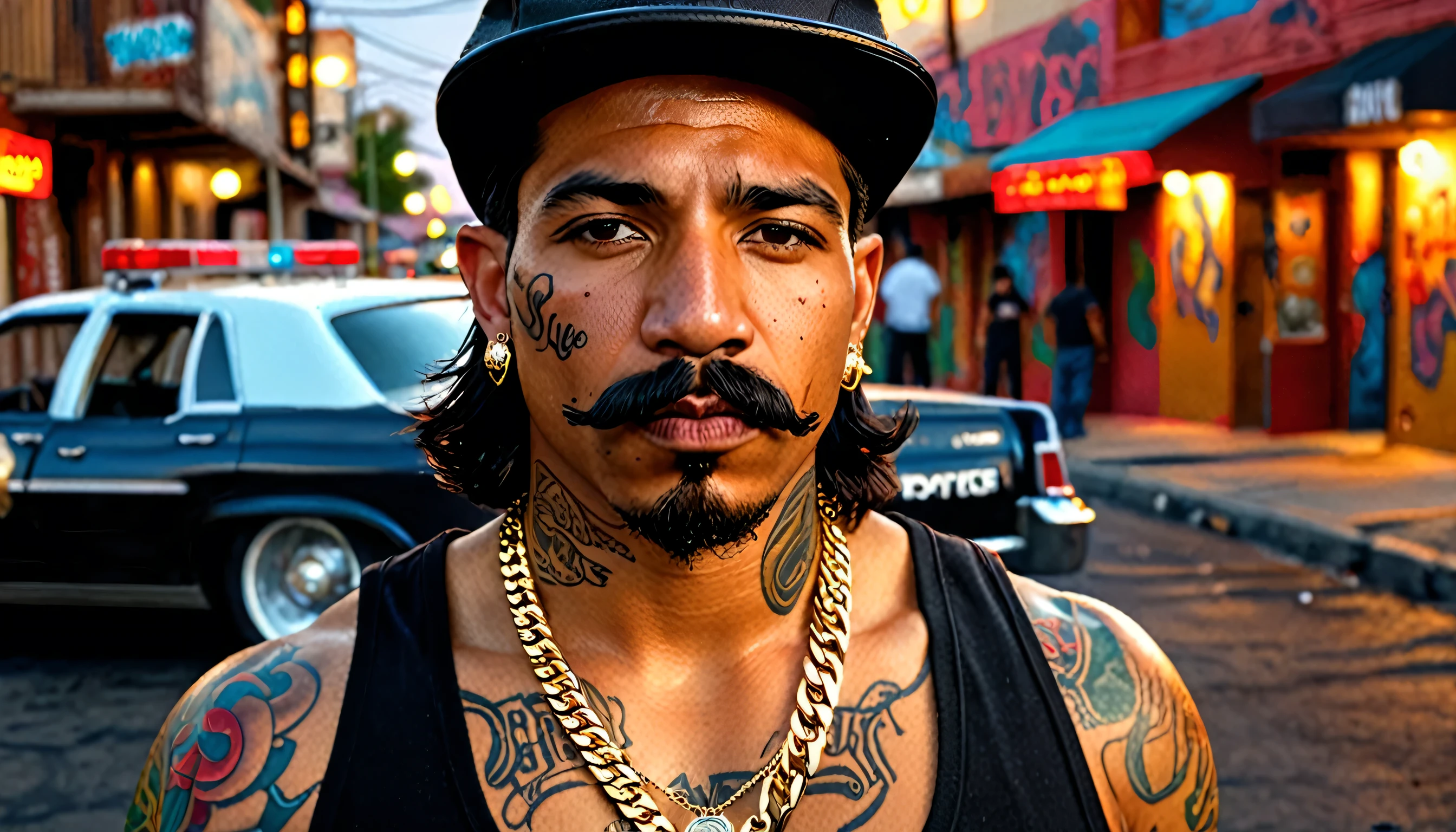 best quality,ultra-detailed,realistic,photorealistic:1.37,chicanos,gangster culture,gangster style,latin american gang members,streets of Los Angeles,spectacular view,natural lighting,vibrant colors,contrast,graffiti art,detailed tattoos,low riders,cigarettes and smoke,confident and intimidating poses,facial hair and mustaches,gang signs,hats and bandanas,police cars in the background,chain necklaces and gold jewelry,sharp focus on their eyes and expressions,facial scars and tattoos,tough and rugged appearance,mysterious atmosphere,nighttime setting,urban environment,powerful presence,crowded streets,echoes of street music