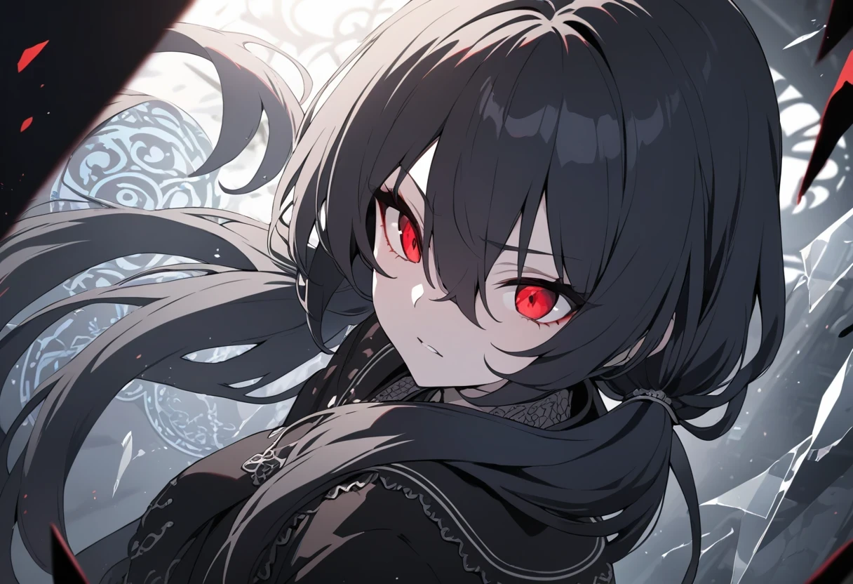 (masterpiece, best quality, ultra-detailed, best shadow), (detailed background,dark fantasy), (beautiful detailed face), high contrast, (best illumination, an extremely delicate and beautiful), ((cinematic light)), colorful, hyper detail, dramatic light, intricate details, (1 girl, solo,black hair, sharp face,low twintails,red eyes, hair between eyes,dynamic angle), blood splatter, swirling black light around the character, depth of field,black light particles,(broken glass),magic circle,
