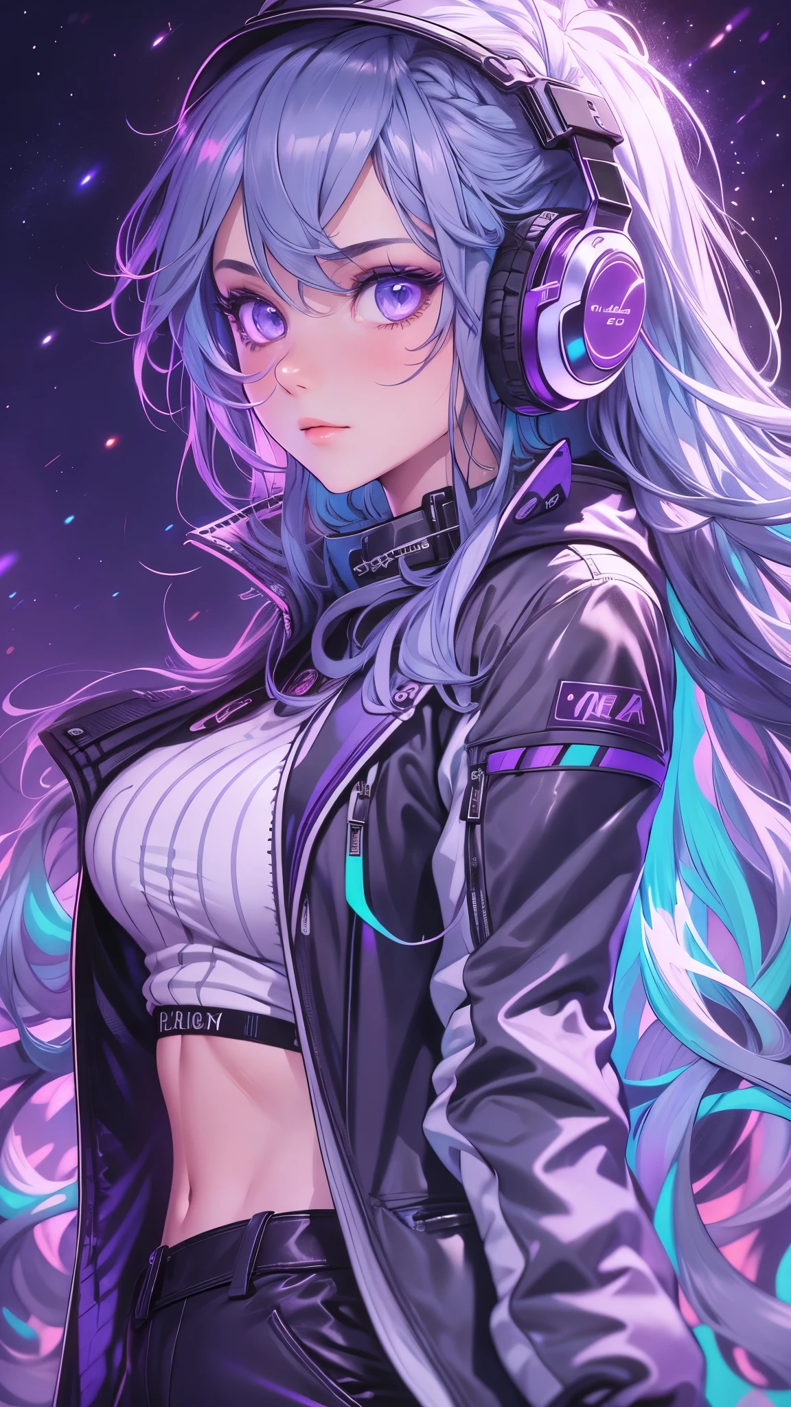1 girl, Silver light blue hair, Gradient purple hair ends, super long hair, Technical clothing masterpiece, actual, Dark purple jacket, portrait, Illusion deep purple eyes, delicate eyes, wearing headphones, 28 year old girl, fashion pose, Half body, wide angle shot, on the street, cyberpunk, Focus on face, Very detailed facial, High like real eyes, one person, Big breasts and hot body, Random pose, Random expressions, Standing on the rooftop and looking at the starry night sky, meteor, wavy hair, absurdly long hair, single sidelock, hair over one eye, hair strand, high ponytail, aqua eyes, halo, makeup, realism, chiaroscuro, glowing light, sparkle, ray tracing, cinematic lighting, Futurism, best quality, UHD, super detail, masterpiece, highres, ccurate