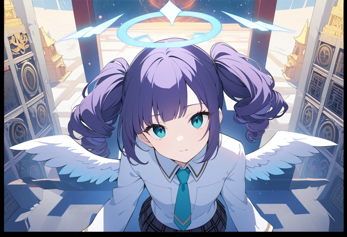 (Highest picture quality),(Master's work),(ultra-detailed),(Detailed eye description:1.0),(lens flare:1.0),(movie poster:1.0),(Tarot border:1.0),the portrait is centered,(close-up:1.0),(nagative space:0.8),(negative space:1.6),(solo),(floating colorful ink:1.0),(many colorful cubes:1.0),(floating white soft balls:1.0),(ice wings:1.0), (mysterious,eerie:1.2), (colorful:1.0),(beautiful detailed glow:1.0),(:1.2),(grim expression:1.0),(lips,eyelashes:1.0),(closed mouth:1.0),(),,(purple hair:1.4),(medium hair:1.0),(from above:1.3),(halo:1.3),(head tilt:1.0),(dynamic pose:1.1),(asymmetrical hair:1.2),(white outfit:1.0),(military),(plaid skirt),(aqua eyes:1.4),diagonal bangs,high twintails,drill hair,tie,(floating cape:1.0),(:1.1),(shrine:1.4),(indoors,inside:1.1),crown,,(laying:1.1),(white skin:1.1),(full body:1.25),fang, skin fang, empty eyes