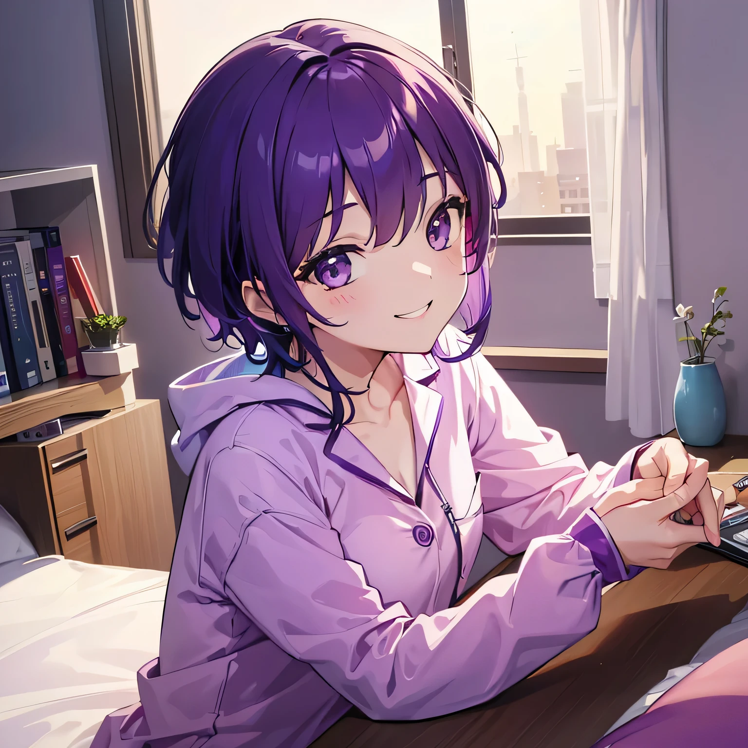 (T Masterpiece,4k wallpaper,best quality))、((girl1people))、(solo)、Shining and vivid,(purple hair)、(shortcut:1.3)、smile、Bedroom、pajamas、night