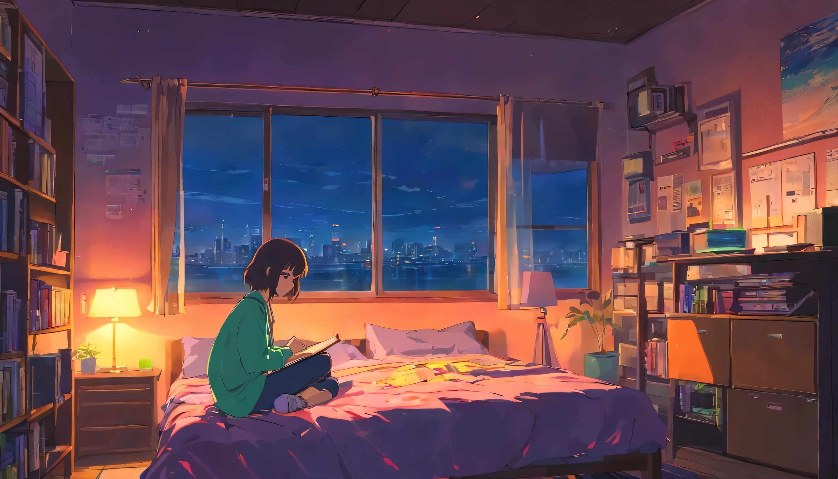 European hippie girl studying in her room, dream, please wear headphones, night light, Neon landscape on a rainy day, analog color theme, lo-fi hip hop , retrospective, flat, 2.5D ,Draw a line, ink painting, Osaka road, watercolor painting, gouache color, studio ghibli style, very colorful, outerton, Krautlock, Lofiato,old texture, amplitude,Psychedelic atmosphere, masterpiece, Technology of Wonders,on the bed,Darken the room,beautiful sunset outside the window