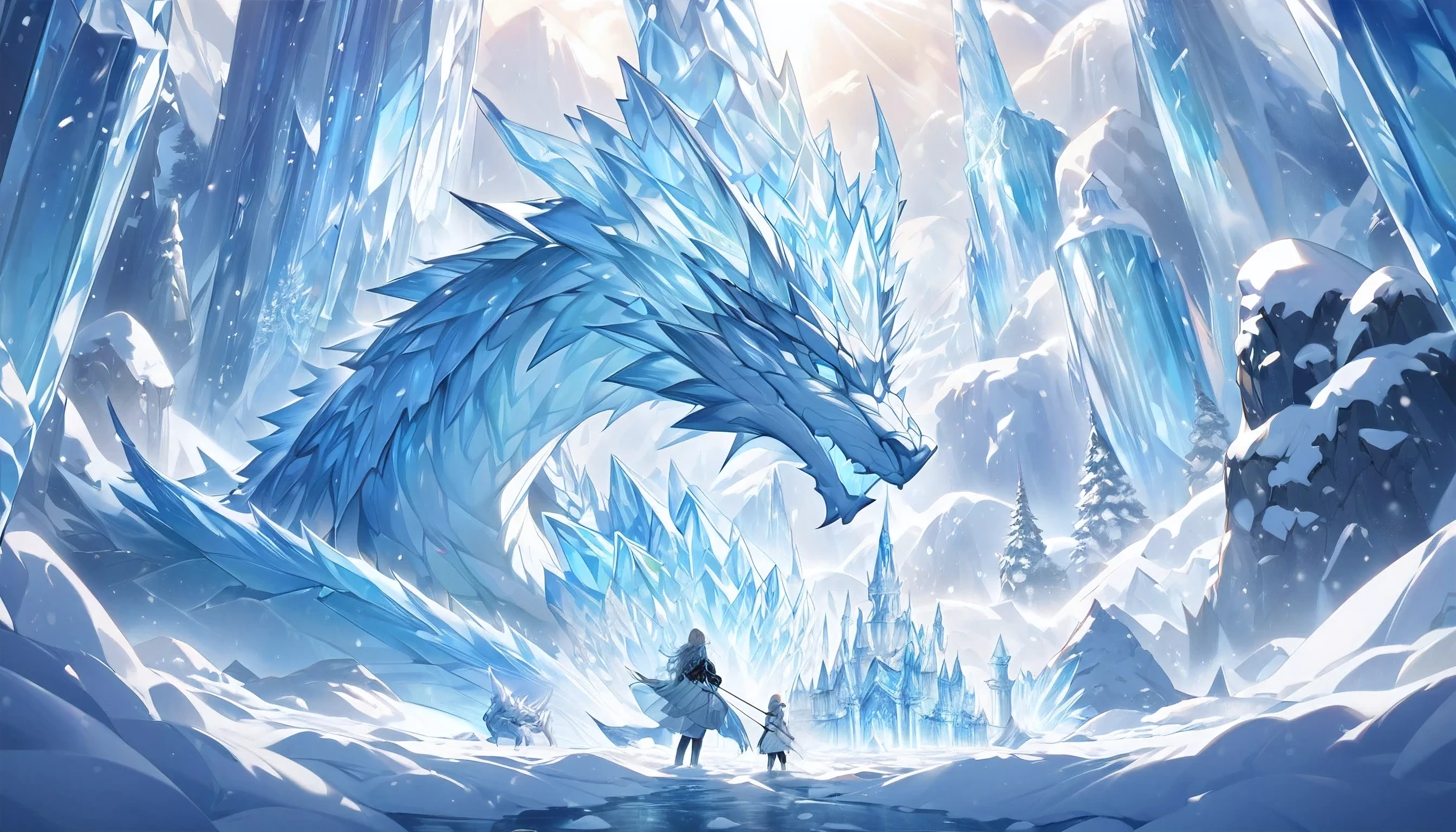 ultra detailed, high resolution, digital art, image of a majestic ice castle, made up of translucent ice, shines when sunlight appears, giving out multiple colours, against a icy background, blizzard, snow is falling, which is being guarded by a huge sleeping ice dragon