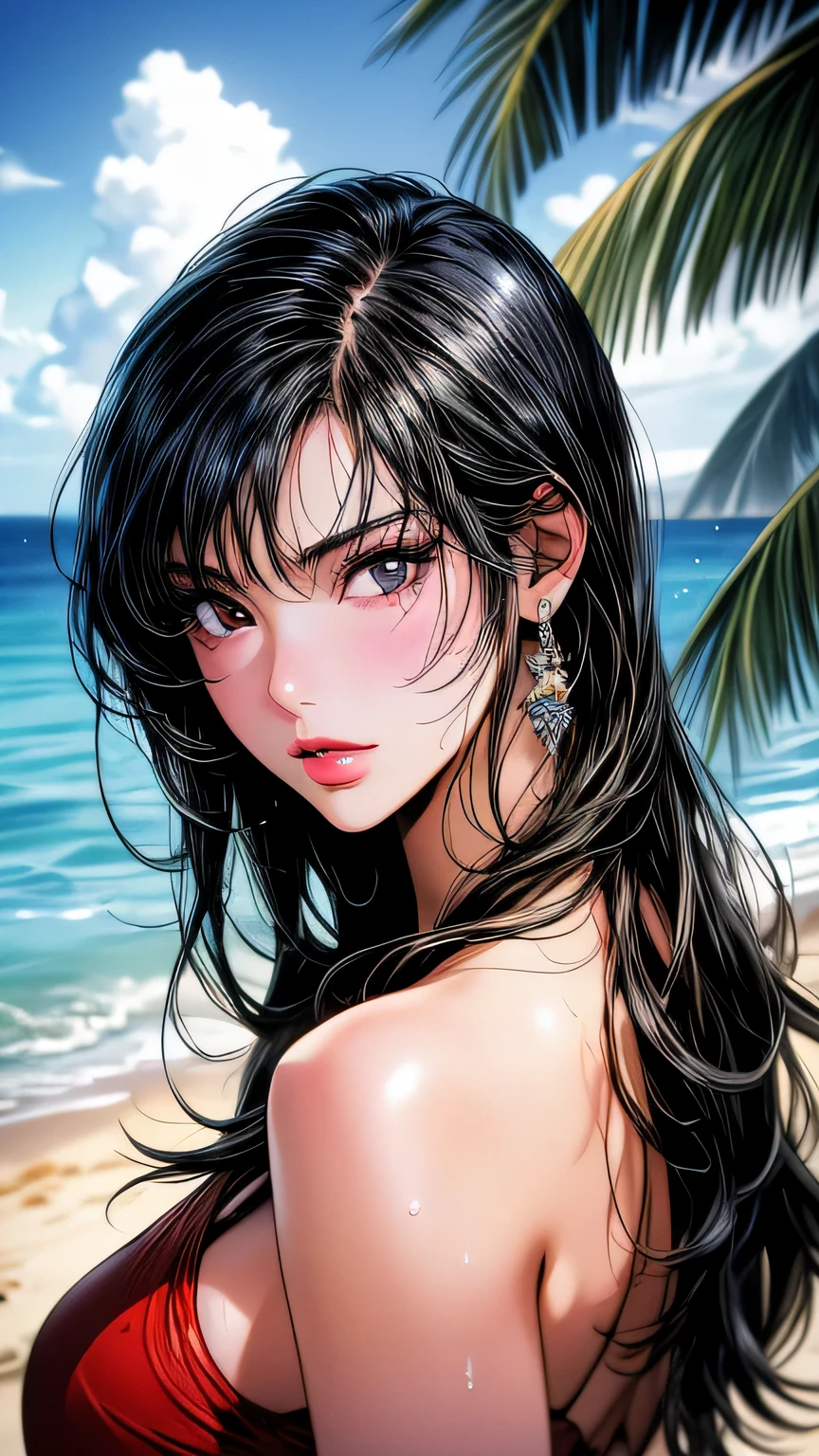 (((close up of face)))、1 girl (master piece:1.2) (detailed:1.2) (highest quality:1.1) (shiny hair) (shiny skin), Nico Robin V2, movie lighting, (wet skin, wet hair, big:1.2), big, (beach, Palm tree), beach, clear water,(blue sky, Cumulonimbus cloud),(Smooth),(hibiscus),laughter, black eye, one piece, Nico Robin, Huge_chest, ~ side、masterpiece、highest quality、Super fine、High resolution、very detailed写真、(natural skin texture、fine skin、hyper realism、Super sharpness)、high detail skin、(very detailed、fine skinの質感、intricate details、one piece水着、((close up of face))、sexy