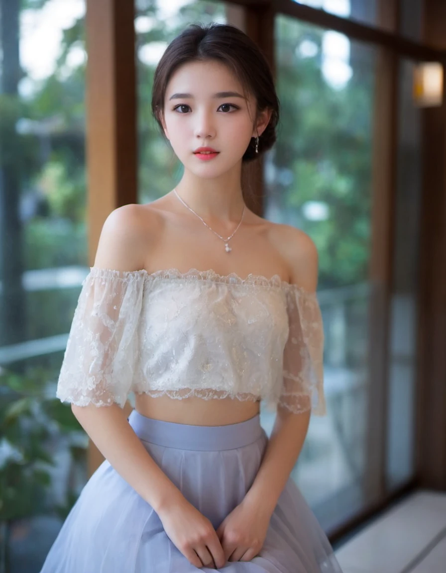 18 year old girl, (extremely detailed face, Delicate skin), whole body, skirt, elegant girl, Lobby,transparent top