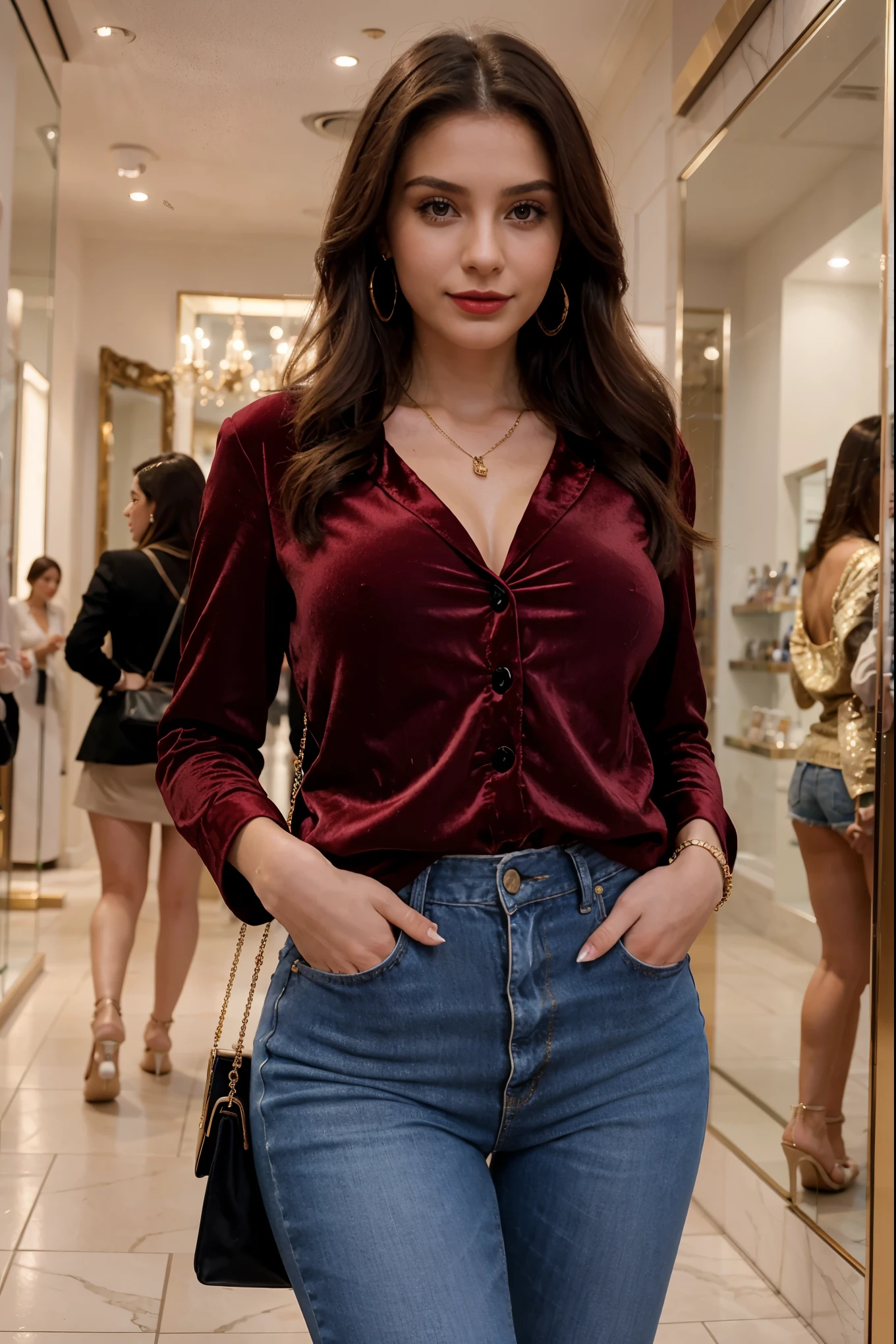 Italian girl 25 years old, beautiful, wonderful, standing, in front of a jewelry showcase, on the street, 1 girl, real, very high resolution, 8k, elegant jeans, luxury, fabulous body, elegant blouse, red lipstick, sensual, sexy , earrings, velvet jacket, elegant shirt, light smile
