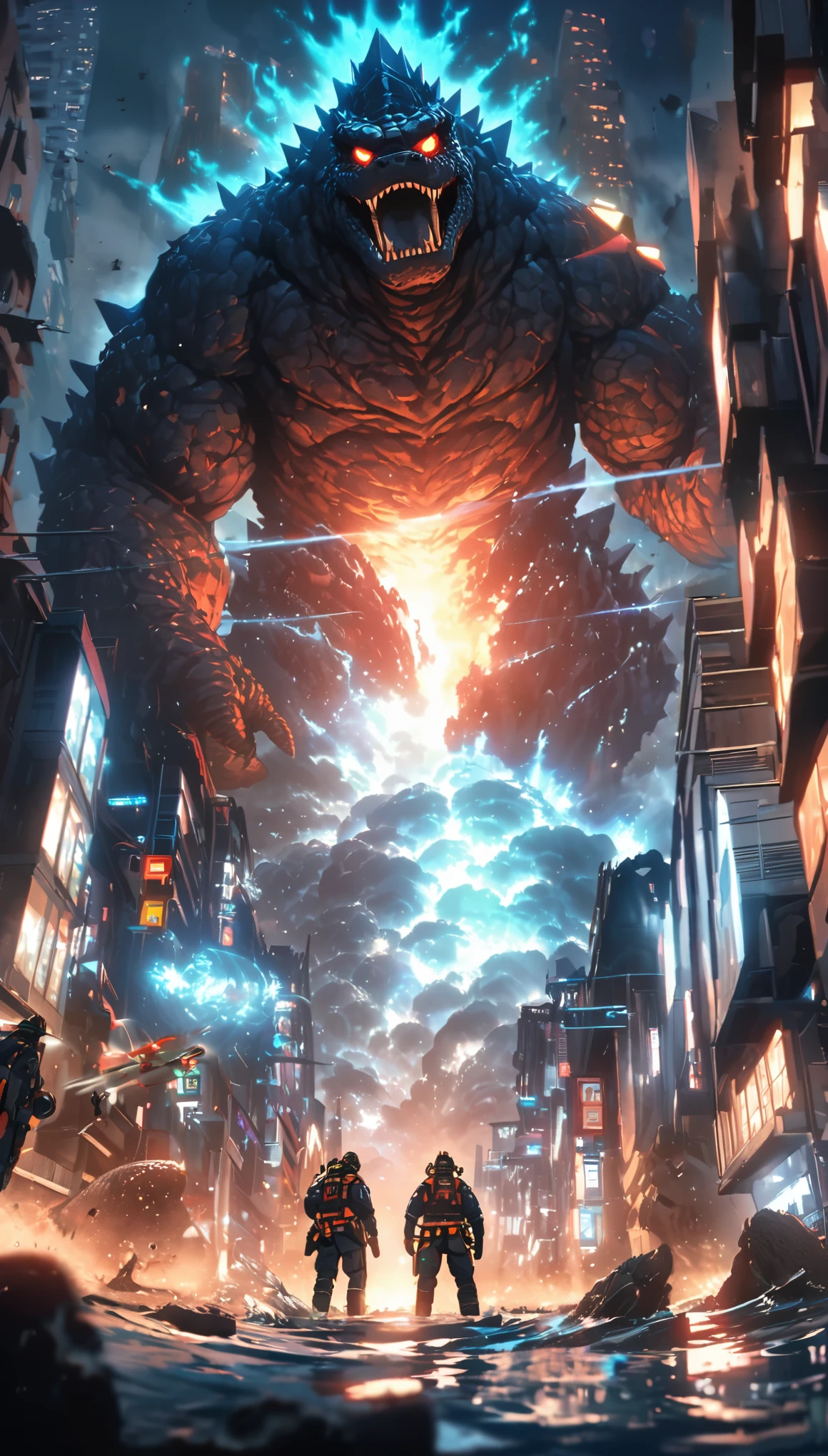 Flat coating，Vector illustration，Rich details，Angry super giant Godzilla in the city looking down at the city below，（（（The dorsal fin is filled with blue energy））），（（glow effect）），Huge waves hit the city，explode，Red light soars into the sky，Broken and collapsed building，standing water，stone，exposed steel bars，electric spark，shoulder level view，colorful，Rescue helicopters，depth of field，Movie lighting，Super fine
