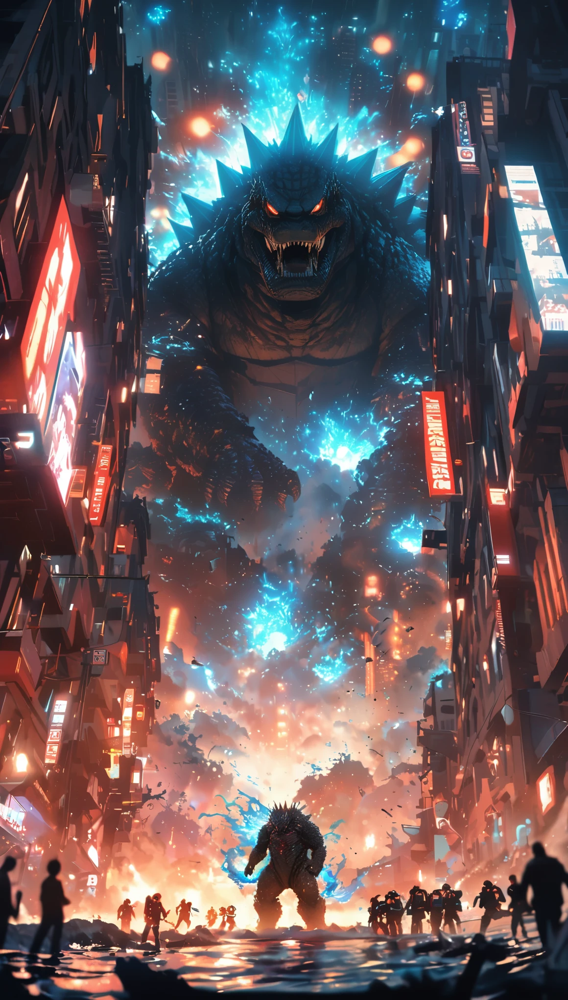 Flat coating，Vector illustration，Rich details，Angry super giant Godzilla in the city looking down at the city below，（（（The dorsal fin is filled with blue energy））），（（glow effect）），Huge waves hit the city，explode，Red light soars into the sky，Broken and collapsed building，standing water，stone，exposed steel bars，electric spark，shoulder level view，colorful，Rescue helicopters，depth of field，Movie lighting，Super fine