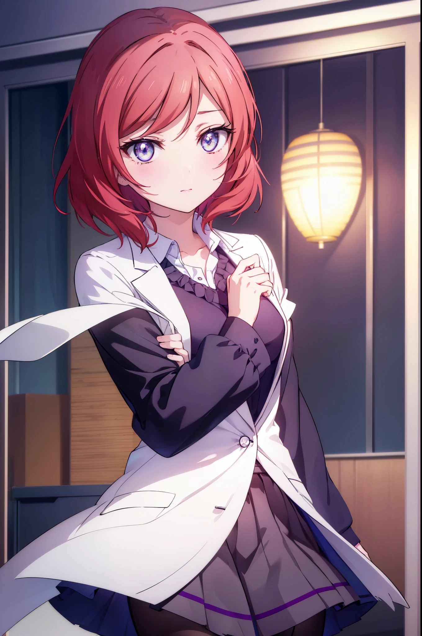 makinishikino, Maki Nishikino, short hair, (purple eyes:1.1), redhead,happy smile, smile, open your mouth, Are standing,From above,(Photorealistic beautiful doctor sitting on chair with legs crossed)、amazingly beautiful、((doctor&#39;s white coat)), collared shirt、doctor style)), ,(( silk blouse、black tight skirt、 black pantyhose))、白を基調としたExamination room,
break indoors, Examination room,
break looking at viewer, (cowboy shot:1.5),
break (masterpiece:1.2), highest quality, High resolution, unity 8k wallpaper, (figure:0.8), (detailed and beautiful eyes:1.6), highly detailed face, perfect lighting, Very detailed CG, (perfect hands, perfect anatomy),