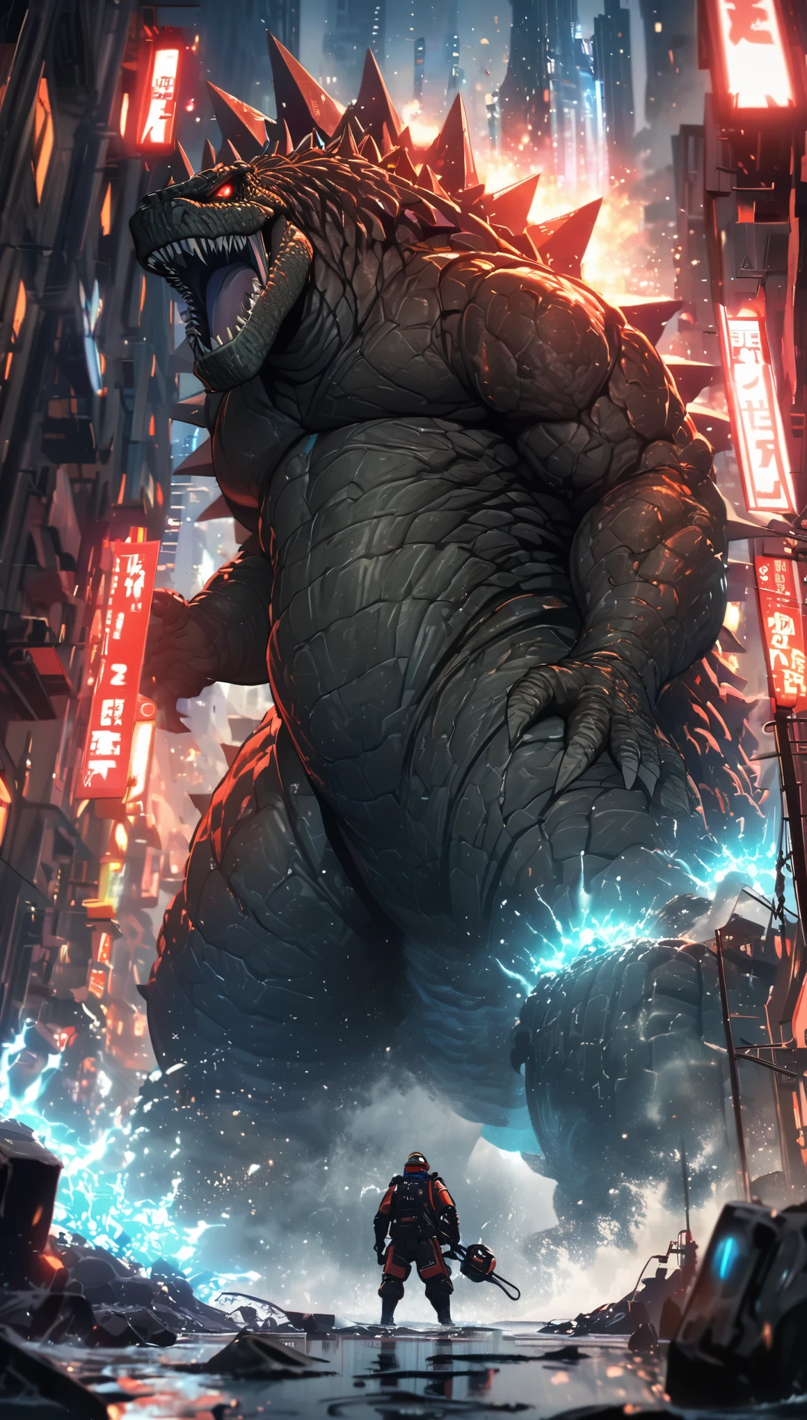 Flat coating,Vector illustration,Rich details,Angry super giant Godzilla in the city looking down at the city below,(((The dorsal fin is filled with blue energy))),((glow effect)),Huge waves hit the city,explode,Red light soars into the sky,Broken and collapsed building,standing water,stone,exposed steel bars,electric spark,Aerial viewing angle,colorful,Rescue helicopters,depth of field,Movie lighting,Super fine