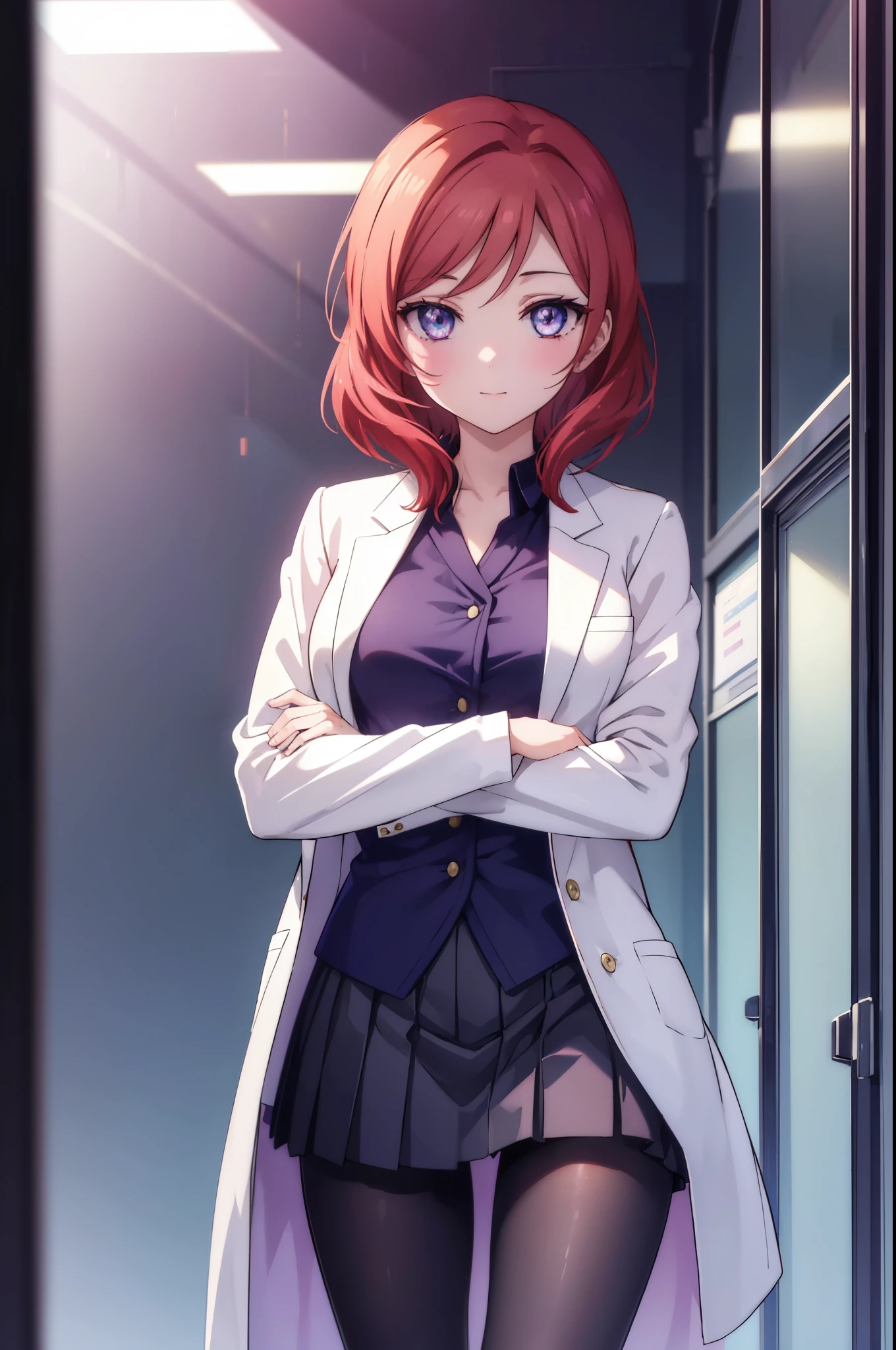 makinishikino, Maki Nishikino, short hair, (purple eyes:1.1), redhead,happy smile, smile, open your mouth, Are standing,From above,(Photorealistic beautiful doctor sitting on chair with legs crossed)、amazingly beautiful、((doctor&#39;s white coat)), collared shirt、doctor style)), ,(( silk blouse、black tight skirt、 black pantyhose))、白を基調としたExamination room,
break indoors, Examination room,
break looking at viewer, (cowboy shot:1.5),
break (masterpiece:1.2), highest quality, High resolution, unity 8k wallpaper, (figure:0.8), (detailed and beautiful eyes:1.6), highly detailed face, perfect lighting, Very detailed CG, (perfect hands, perfect anatomy),