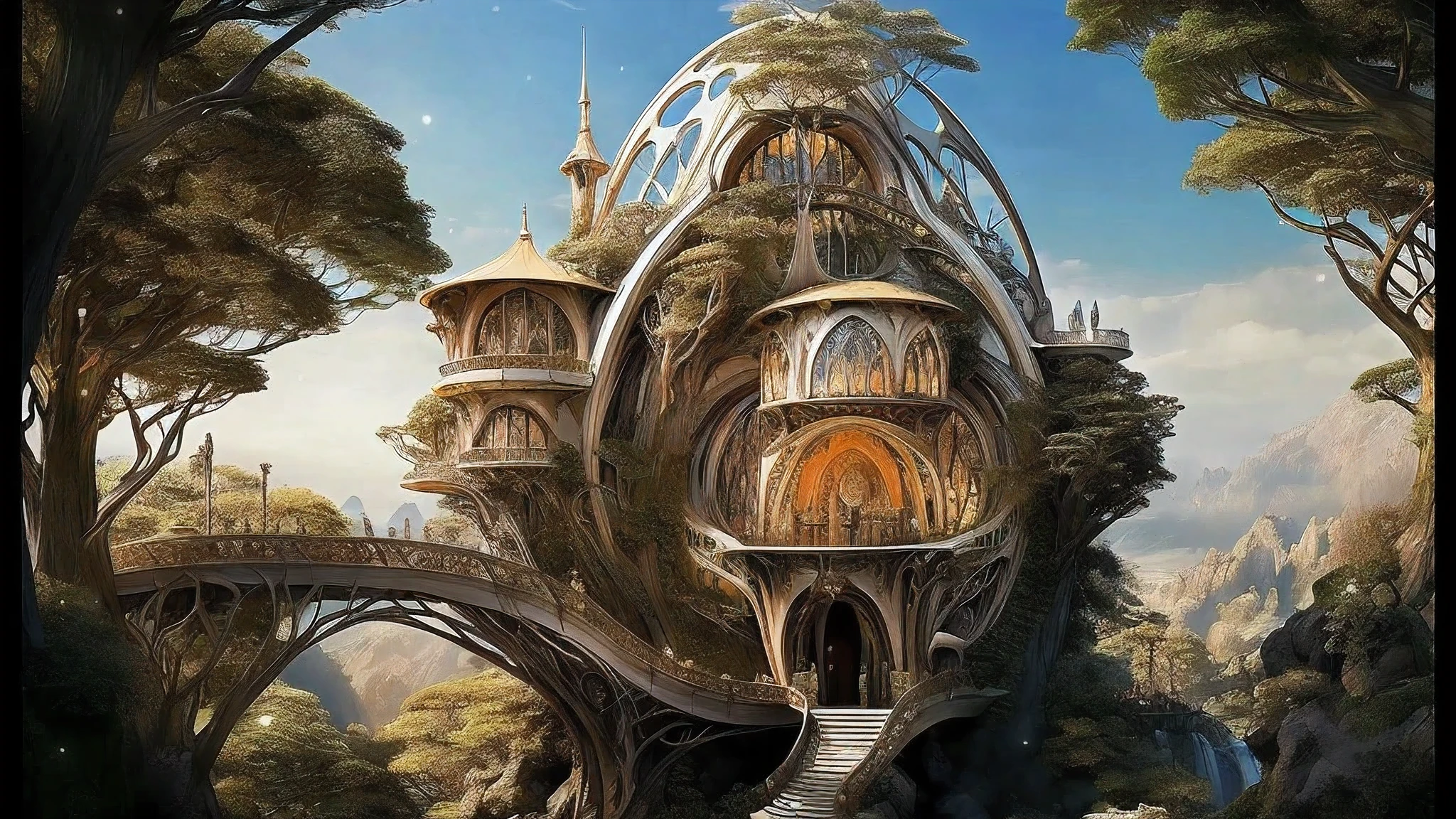 Here is a photo of a very unusual looking house in the woods., Fantasy architecture, Elven architecture, fantasy house, cyberpunk tree house, Solarpunk architecture, Fantasy buildings, highly detailed fantasy, Complex and realistic fantasy, Solarpunk Village, highly detailed fantasyアート, Solarpunk futuristic utopia, Solar Punk Utopia, 4K high-definition digital art, detailed fantasy digital art, fantasy surrealism,master piece, best high resolution,high quality content, 8K with great details