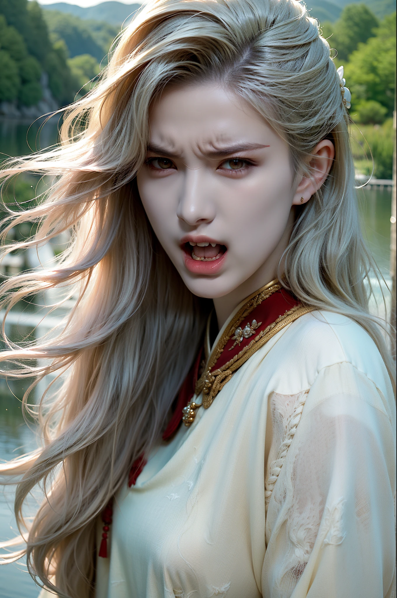 masterpiece,best quality,ultra-detailed,1girl,md,by the lake,chinese clothing,white hair,upper body,red eyes/fangs/anger,