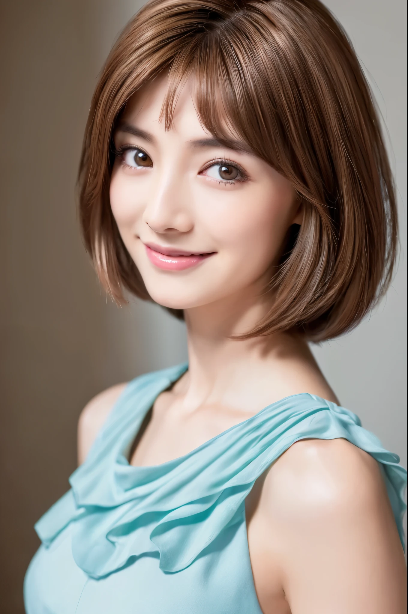 ((Best Quality, 8K, Masterpiece: 1.3)), 1 Girl, Slim Abs Beauty: 1.3, (Hairstyle Brown Hair Shortcut, Big: 1.2), Dress: 1.1, Super Slender Face, Delicate Eyes, Double Eyelids, Smile, Home, Raw Photo