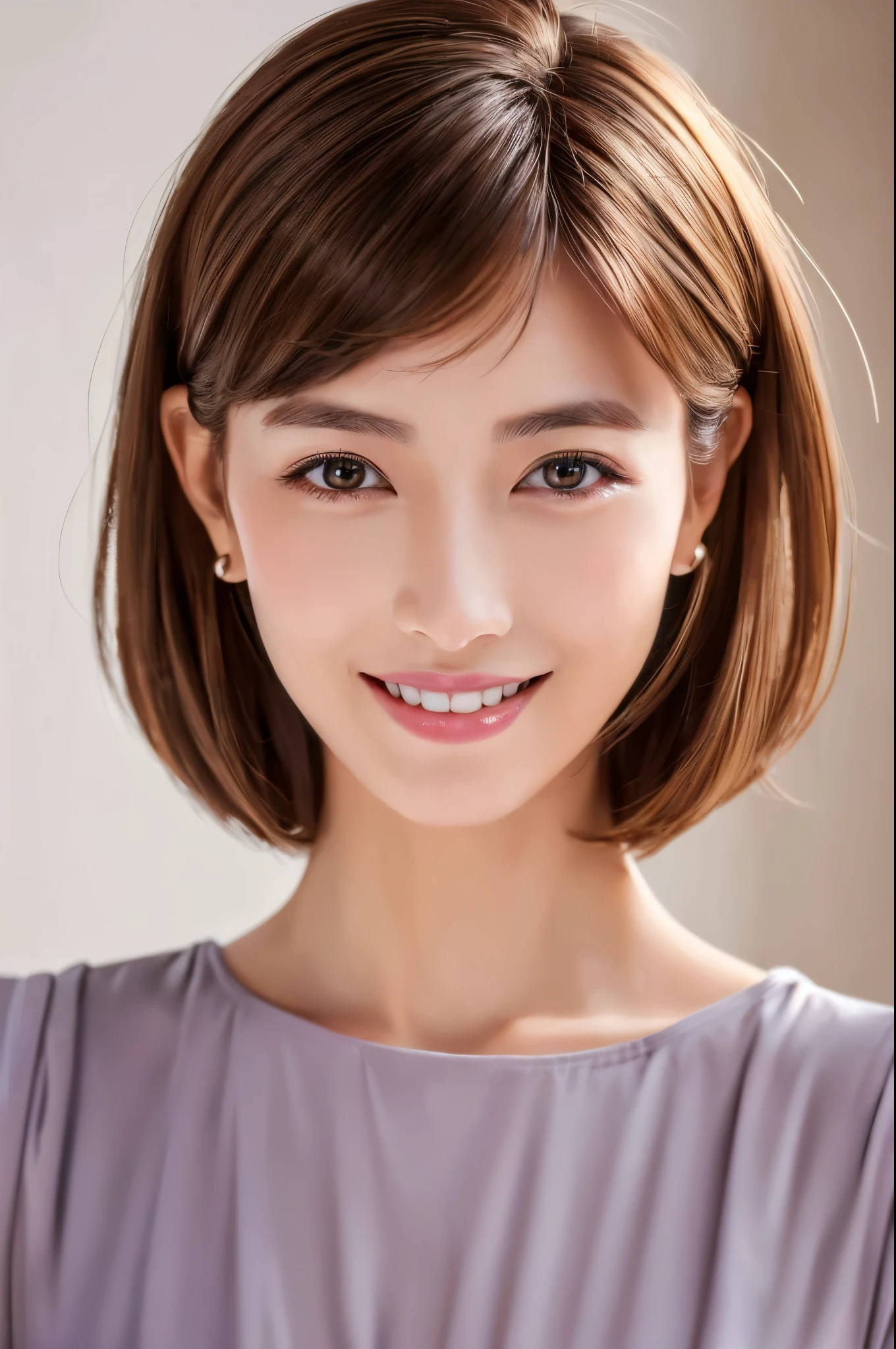((Best Quality, 8K, Masterpiece: 1.3)), 1 Girl, Slim Abs Beauty: 1.3, (Hairstyle Brown Hair Shortcut, Big: 1.2), Dress: 1.1, Super Slender Face, Delicate Eyes, Double Eyelids, Smile, Home, Raw Photo