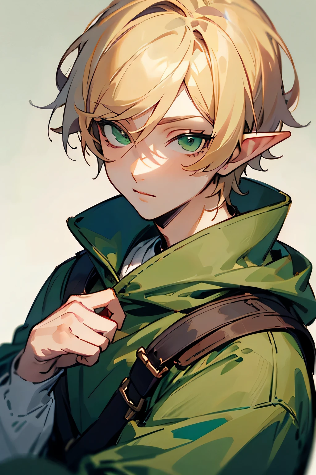 ((Best quality)), ((masterpiece)), (detailed), идеальное лицо Anime boy Elf Blonde In a sweatshirt Green-eyed