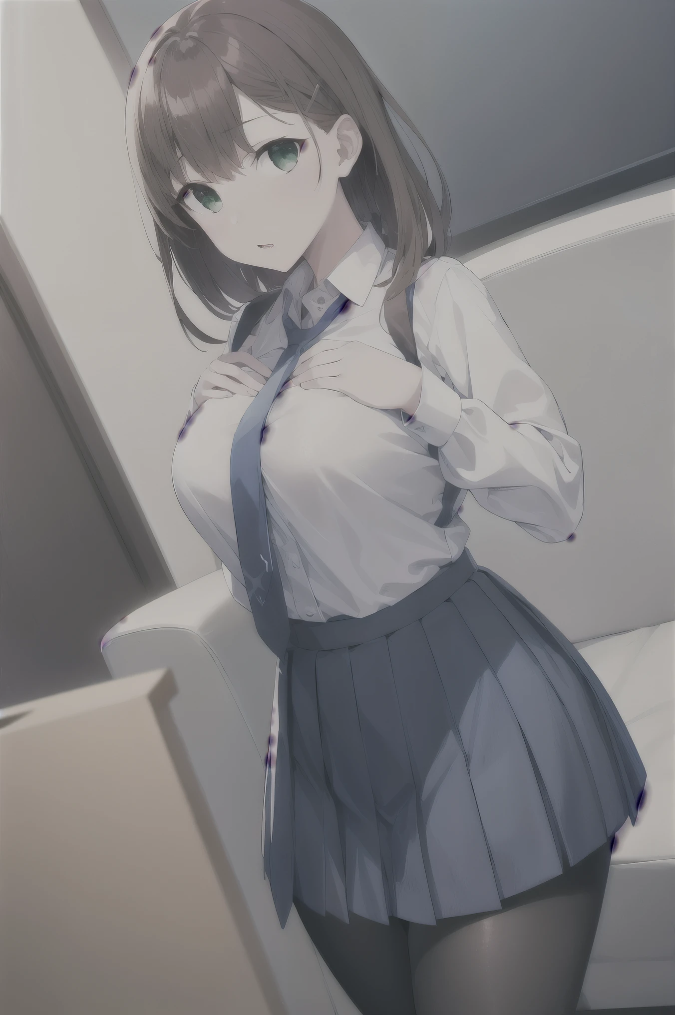 W0pday,in summer,in the cyberpunk city,modern apartment, in the livingroom,
RO\Standing at attention,Hands_DOWN,
g
p(school_uniform), (white_skirt),(BLUE_Long_Tie), (BLUE_pleated_skirt), (Black_pantyhose),
҂r
Y4S(Brown_SHORT_hair), (GREEN_eyes:1.0),(bangs),disheveled hair,(hairclip),
҂r[
1 girl,Solo, Manga,20yo,mature female, Beautiful Finger, Beautiful long legs, Beautiful body, Beautiful Nose, Beautiful character design, perfect eyes, perfect face, Japanese, cosplay,
wmonochrome, breasts, RANDOM POSE
