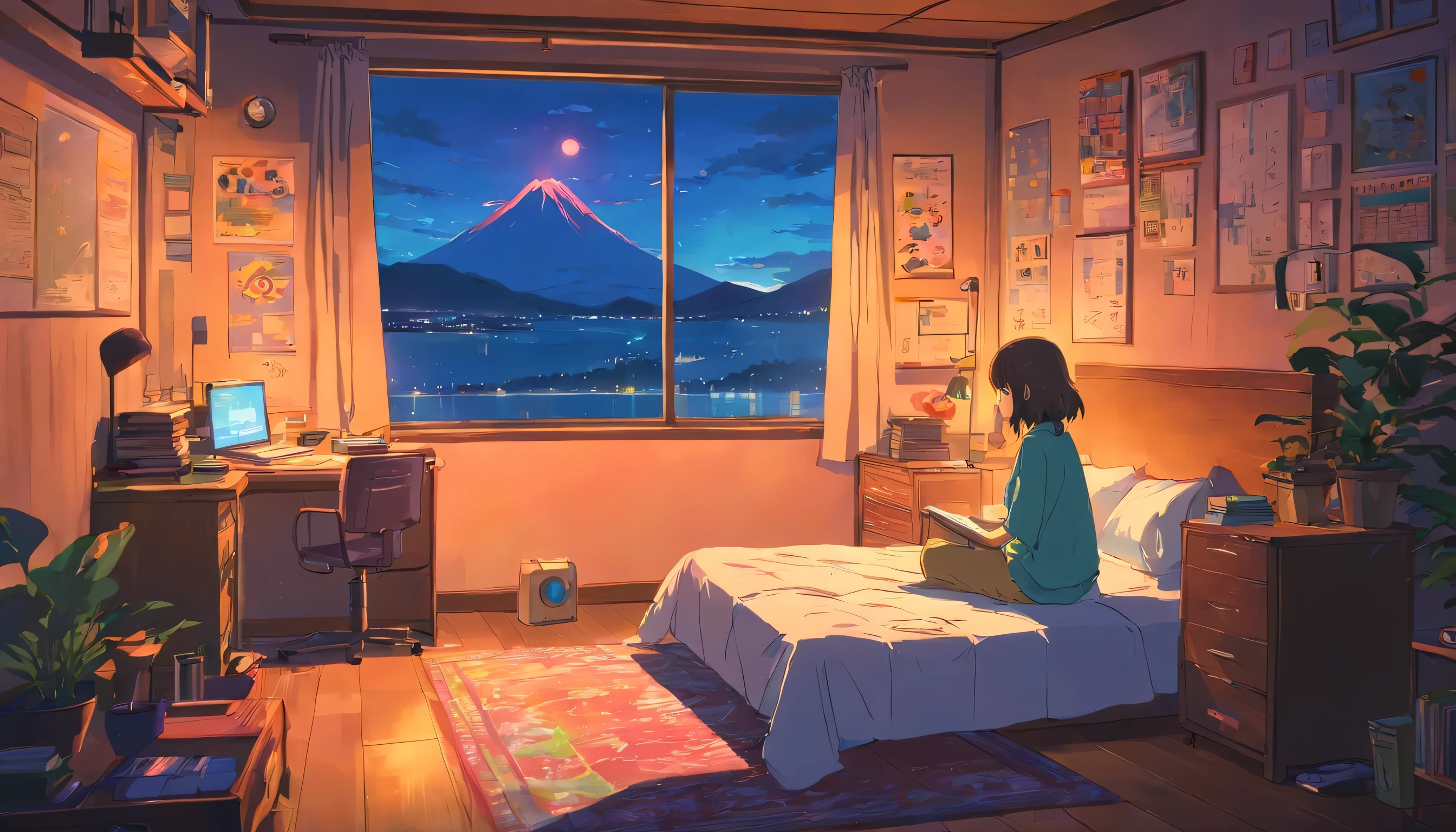 European hippie girl studying in her room, dream, please wear headphones, night light, Neon landscape on a rainy day, analog color theme, lo-fi hip hop , retrospective, flat, 2.5D ,Draw a line, ink painting, Osaka road, watercolor painting, gouache color, studio ghibli style, very colorful, outerton, Krautlock, Lofiato,old texture, amplitude,Psychedelic atmosphere, masterpiece, Technology of Wonders,on the bed,Darken the room,beautiful sunset outside the window,Long hair