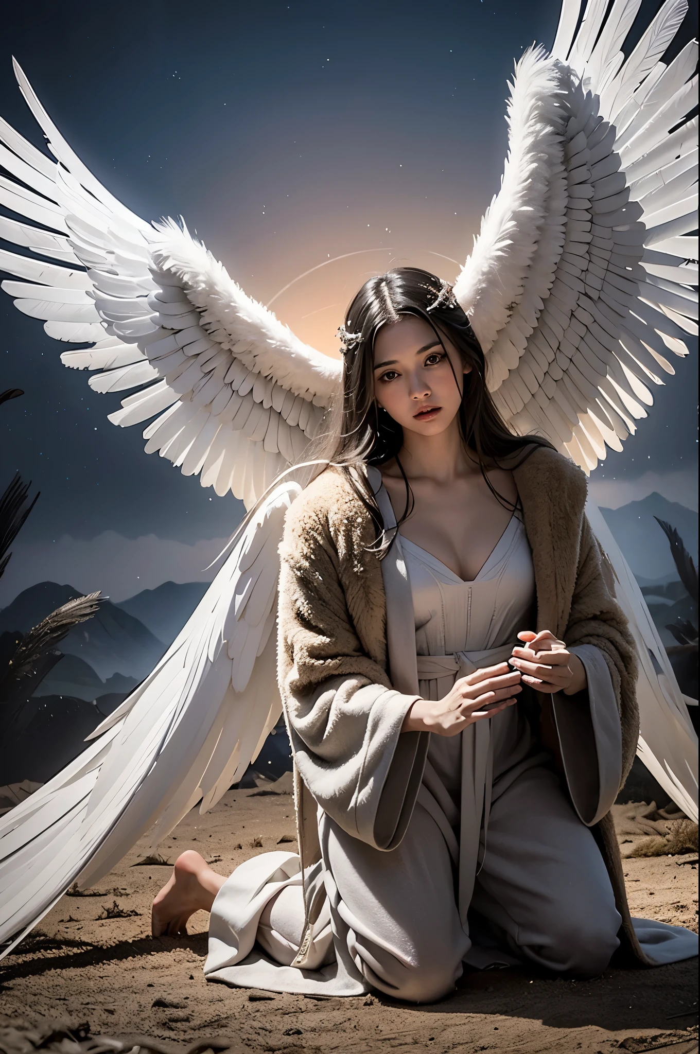 praying kneeling natural born killer angel in a robe of feathers, eerie glowing halo, winged, realistic, nighttime, 